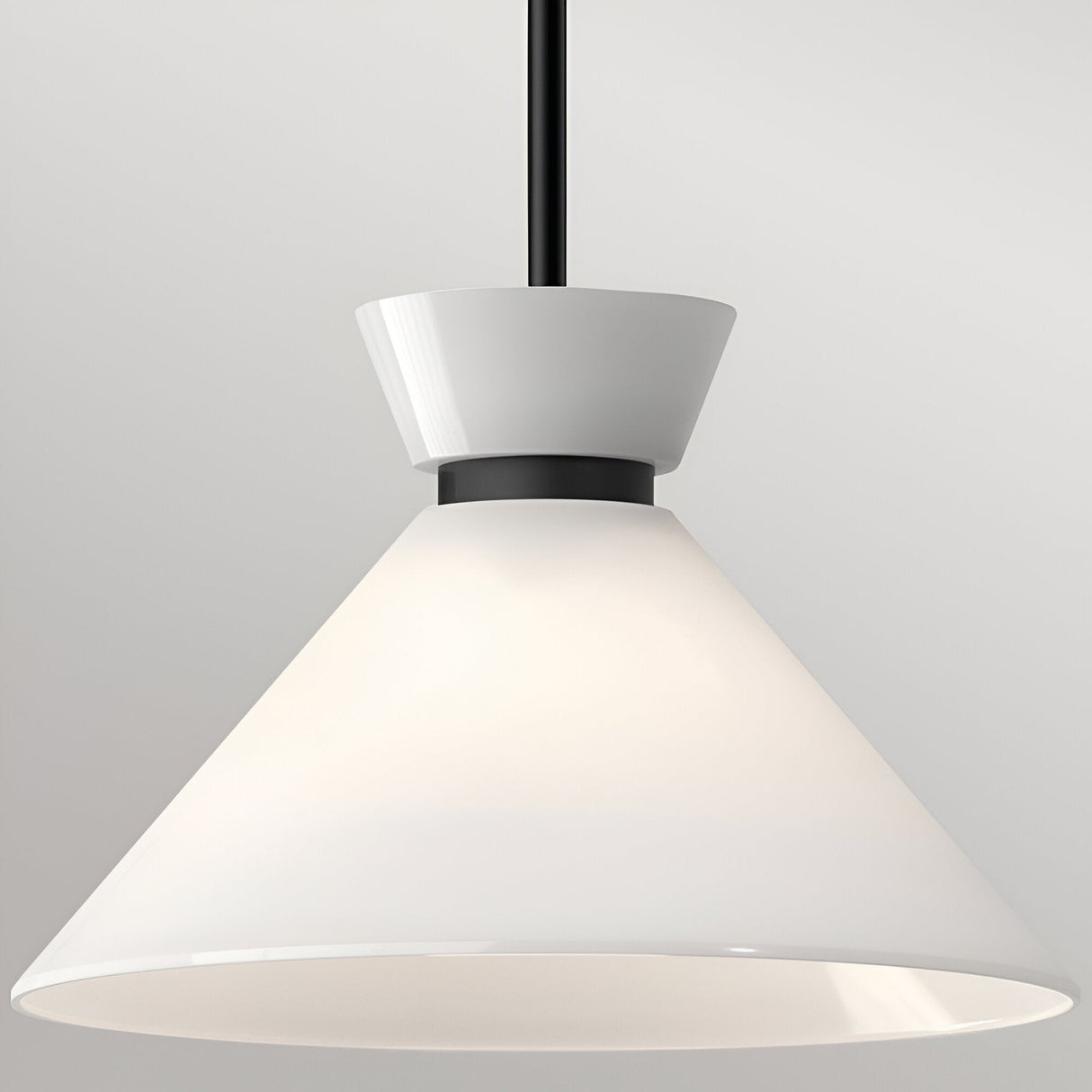 Alora Mood Halston 1 Light Glass Pendant in matte black with a glossy white opal conical shade and slim stem, shown against a light grey background.