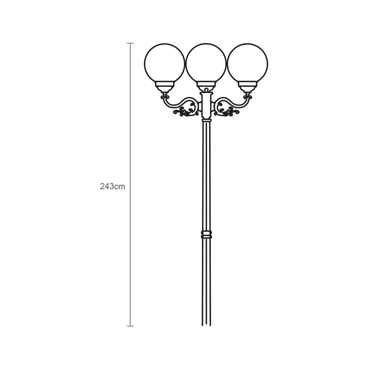Line drawing of the Rondel cast aluminium outdoor 3 light lamp post, 243cm column with scrolled arms and three opal globe shades, shown with height measurement on a white background.