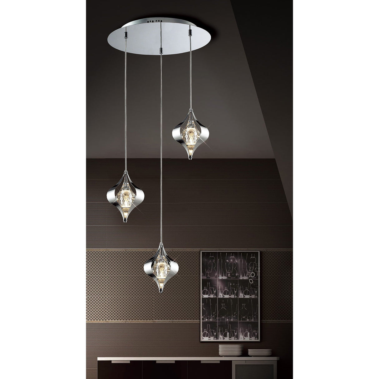 Amano Large 3 Light Crystal Cluster Pendant Light - Polished Chrome