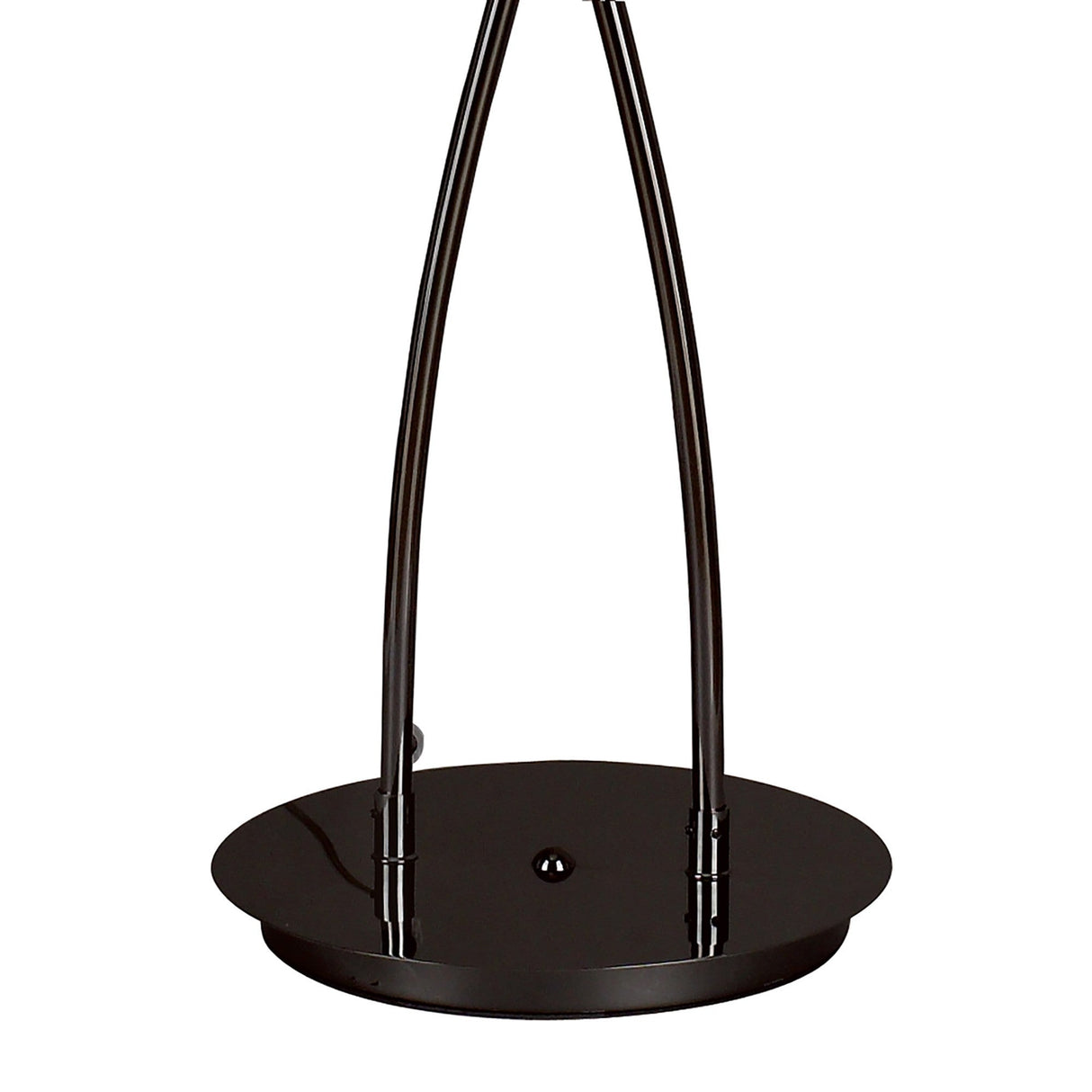 A close-up of the Amel 2 Light Floor Lamp - Black Chrome showcases its glossy black circular base and two slender, arched rods—an ideal choice for contemporary interior lighting.