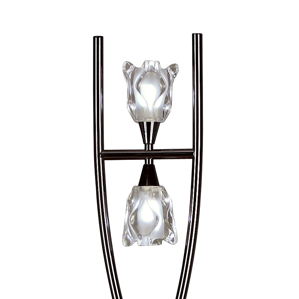 The Amel 2 Light Floor Lamp in black chrome features two flower-shaped frosted glass shades on a sleek, curved metal frame—a sculptural lighting fixture ideal for modern interiors.