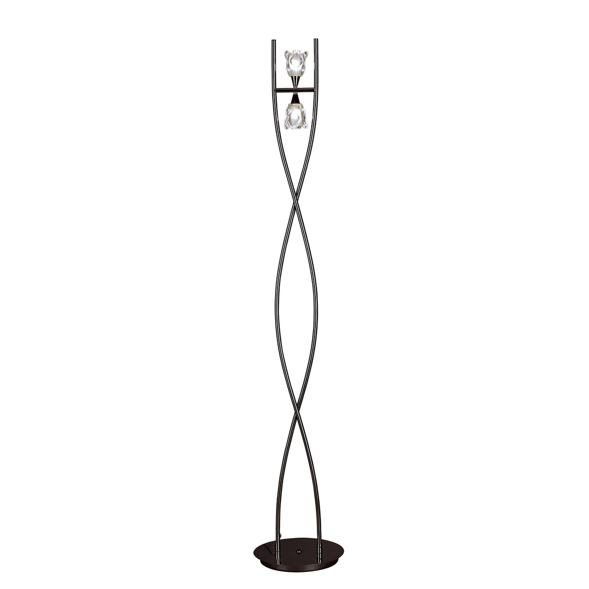 The Amel 2 Light Floor Lamp in Black Chrome features two metal rods with a spiral design, a round base, and two glass light fixtures near the top—perfect for enhancing contemporary interior lighting.