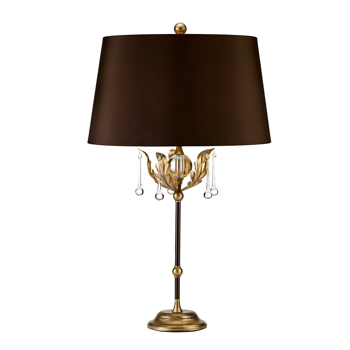 The Amarilli 1 Light Table Lamp, with a bronze finish and gold patina, serves as a decorative piece adorned with ornate detailing. It includes a brown shade highlighted by floral-inspired accents and crystal pendants, which enhance its elegant and classic appearance. This handmade lamp exudes timeless charm, making it perfect for any sophisticated décor.