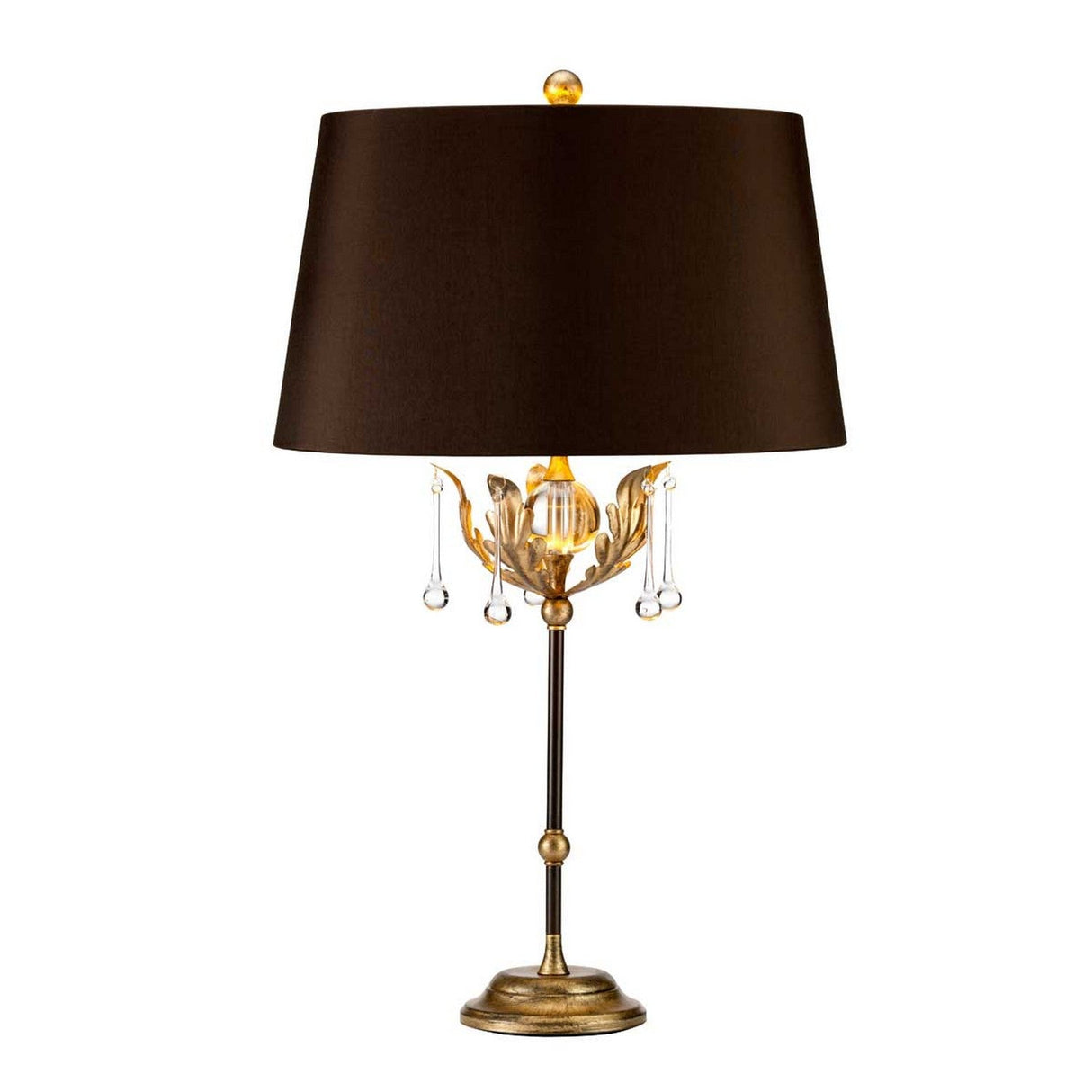 The Amarilli 1 Light Table Lamp - Bronze With Gold Patina & Brown Shade showcases a brown lampshade and gold-accented stem adorned with elegant gold detailing. Crystal pendants elegantly hang beneath the shade, enhancing its sophisticated look. Handmade with care, this lamp stands on a round base, boasting a bronze finish highlighted by a gentle gold patina.