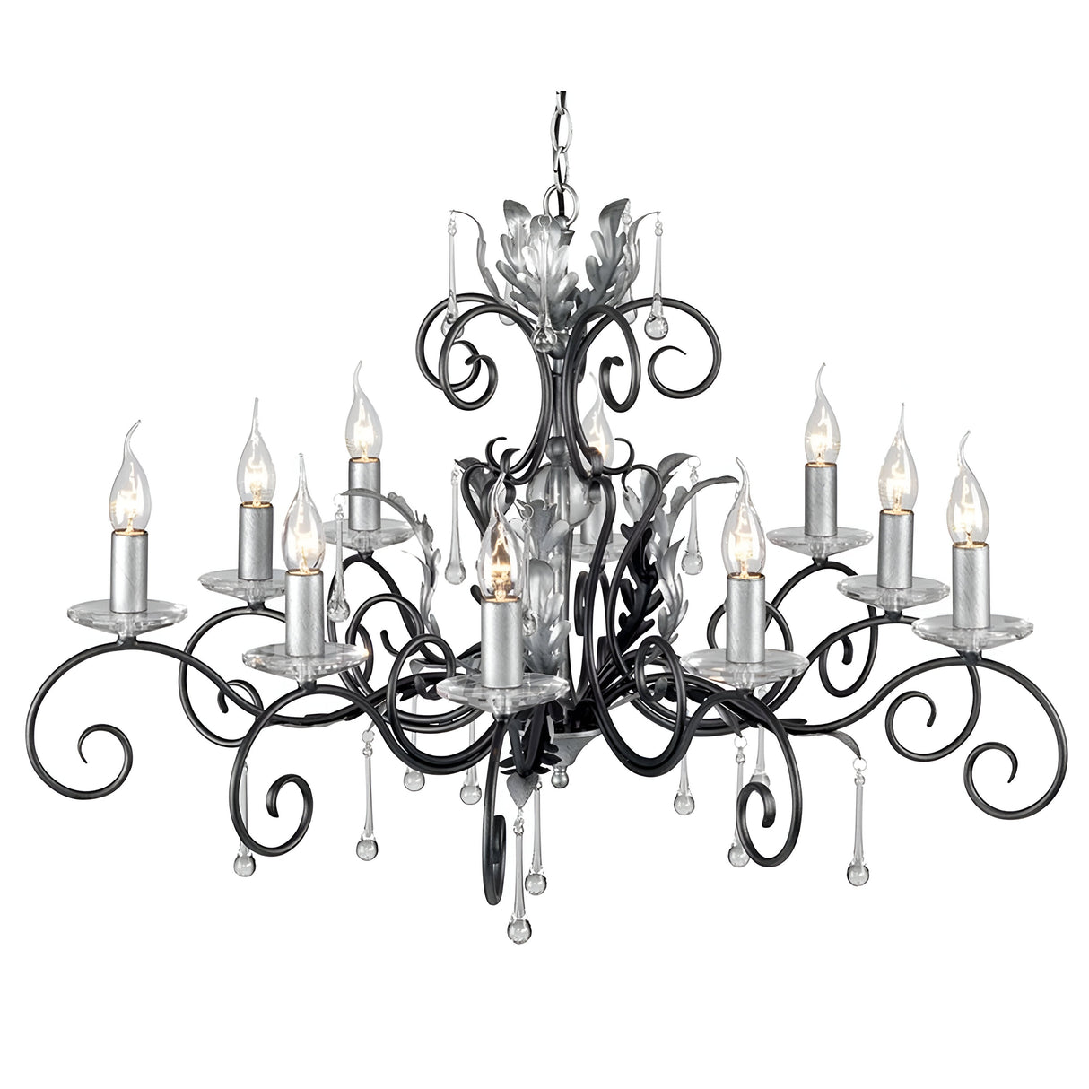 The Amarilli 10 Light Chandelier from Elstead Lighting is a large, ornate piece featuring ten candle-shaped lights and decorative swirled metal arms in black with silver patina. Small clear crystal ornaments elegantly hang from the structure.