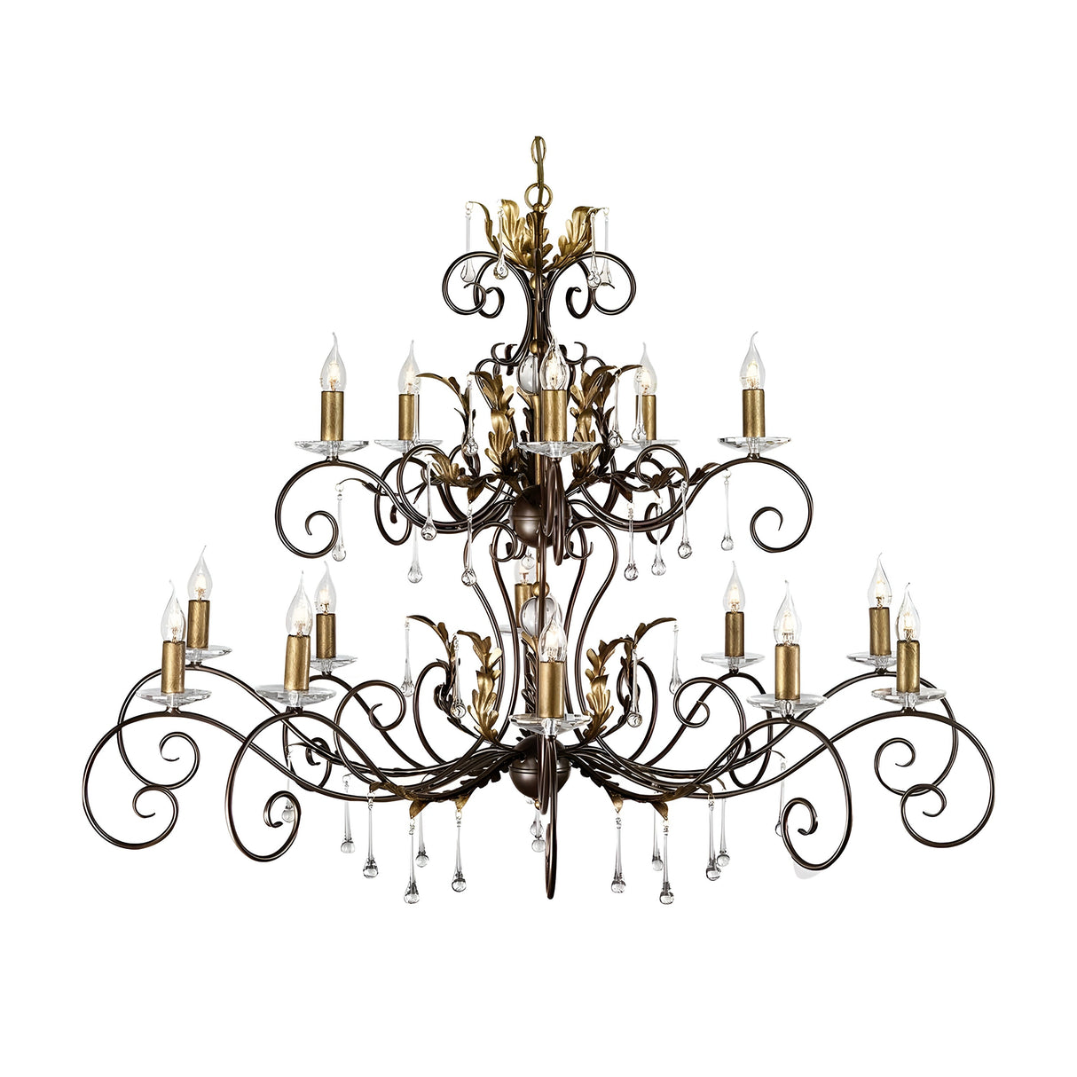 The Amarilli 15 Light Chandelier features a large, ornate design with intricate bronze metalwork accented by a gold patina, multiple candle-style light bulbs, and adorned with hanging crystal decorations.