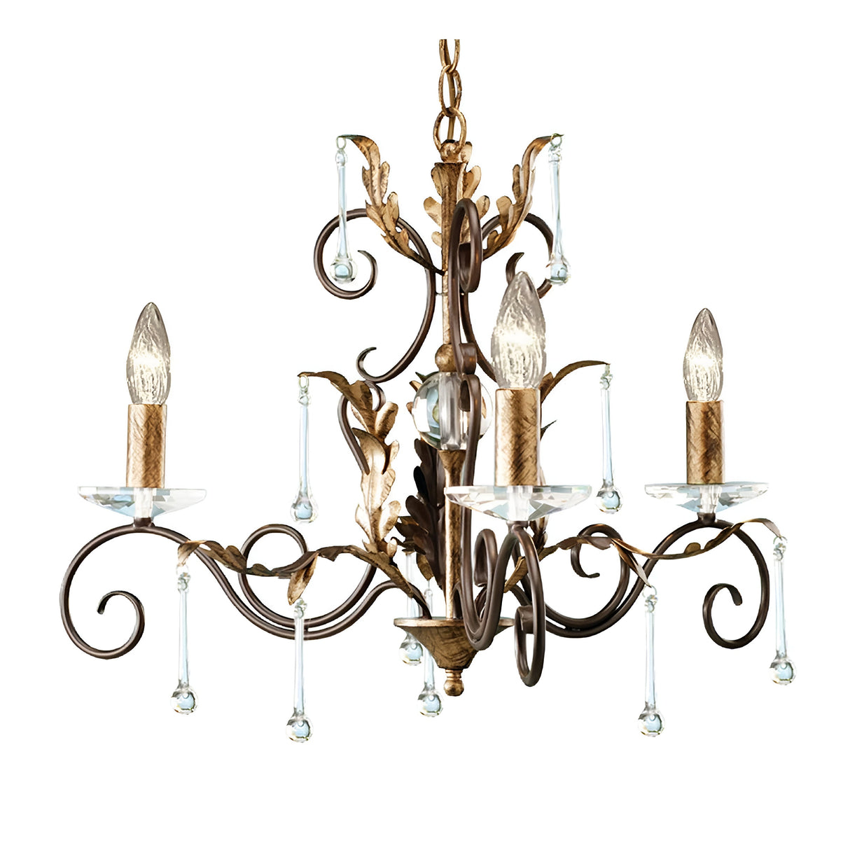 The Amarilli 3 Light Chandelier - Bronze With Gold Patina features a vintage aesthetic with intricately designed arms that present elegant lighting through three candle-like lights, embellished with glass accents and crystal droplets. Its bronze finish enhanced by a gold patina exudes classic and sophisticated charm.