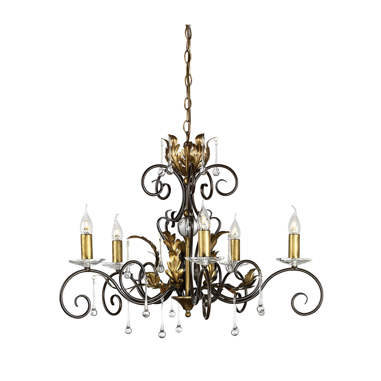 The Amarilli 5 Light Chandelier - Bronze With Gold Patina by Elstead Lighting showcases five candle-shaped lights, intricate black iron scrollwork, and elegant gold leaf accents. The vintage-style chandelier is embellished with hanging crystal drops, offering a sophisticated and timeless appearance.