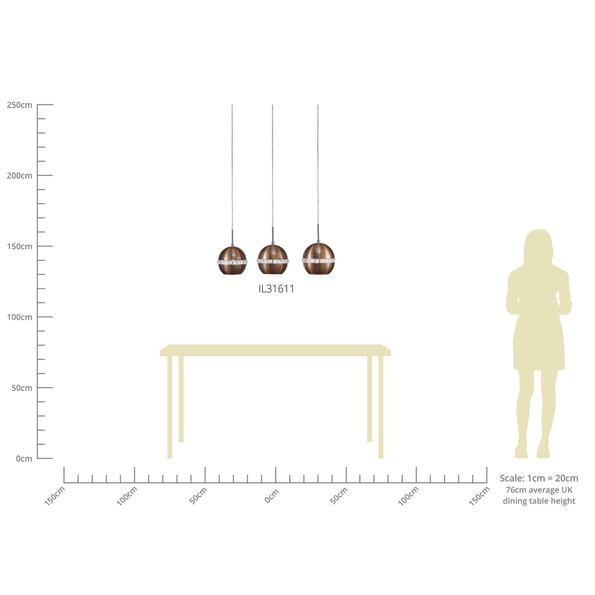 Andrea 3 Light Crystal Bar Pendant Light - Satin Copper