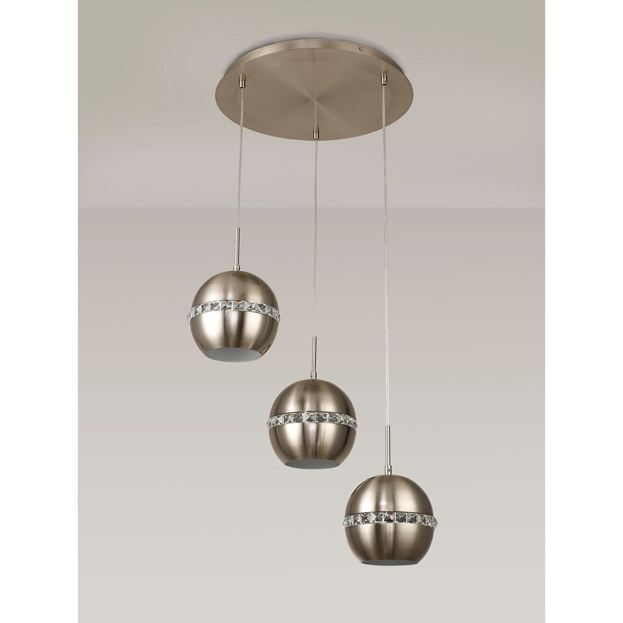 Andrea 3 Light Round Crystal Cluster Pendant Light - Satin Nickel