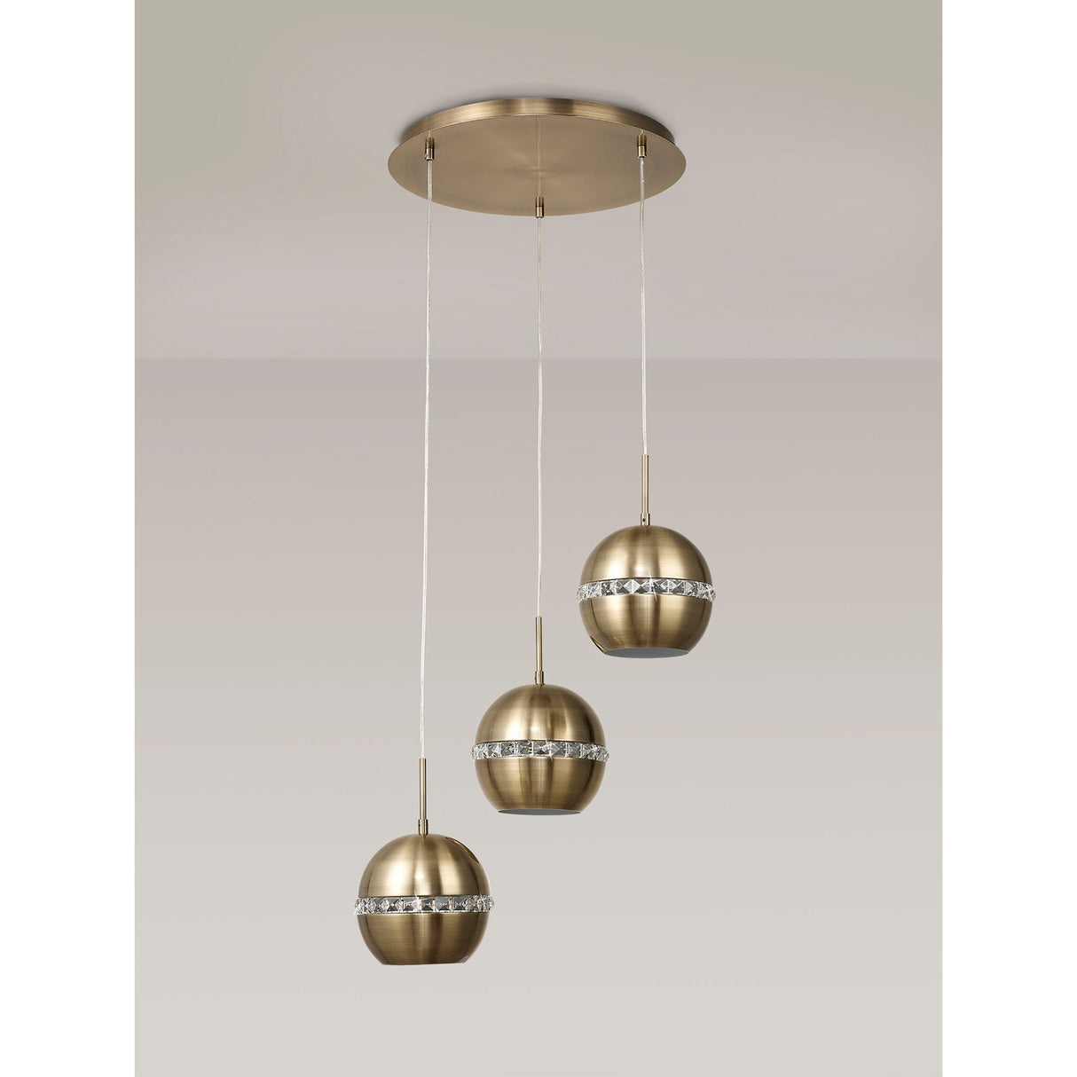 Andrea 3 Light Round Crystal Cluster Pendant Light - Antique Brass