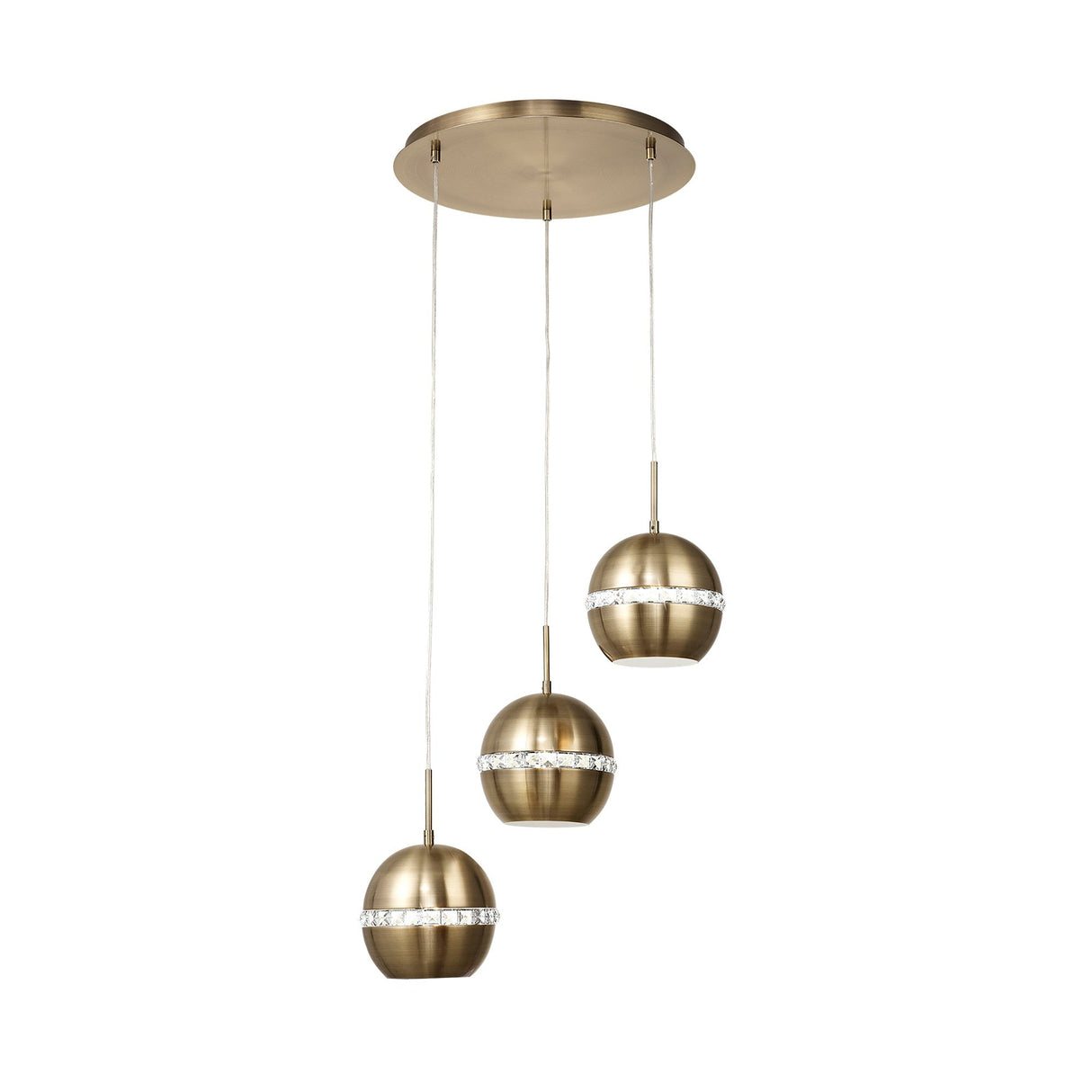 Andrea 3 Light Round Crystal Cluster Pendant Light - Antique Brass