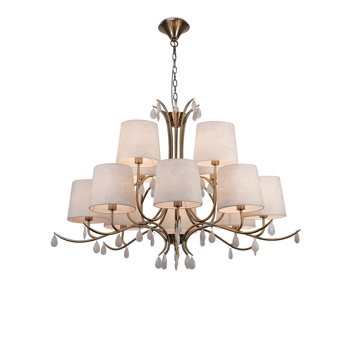 Andrea 100cm 12 Light Chandelier - Antique Brass With White Shades