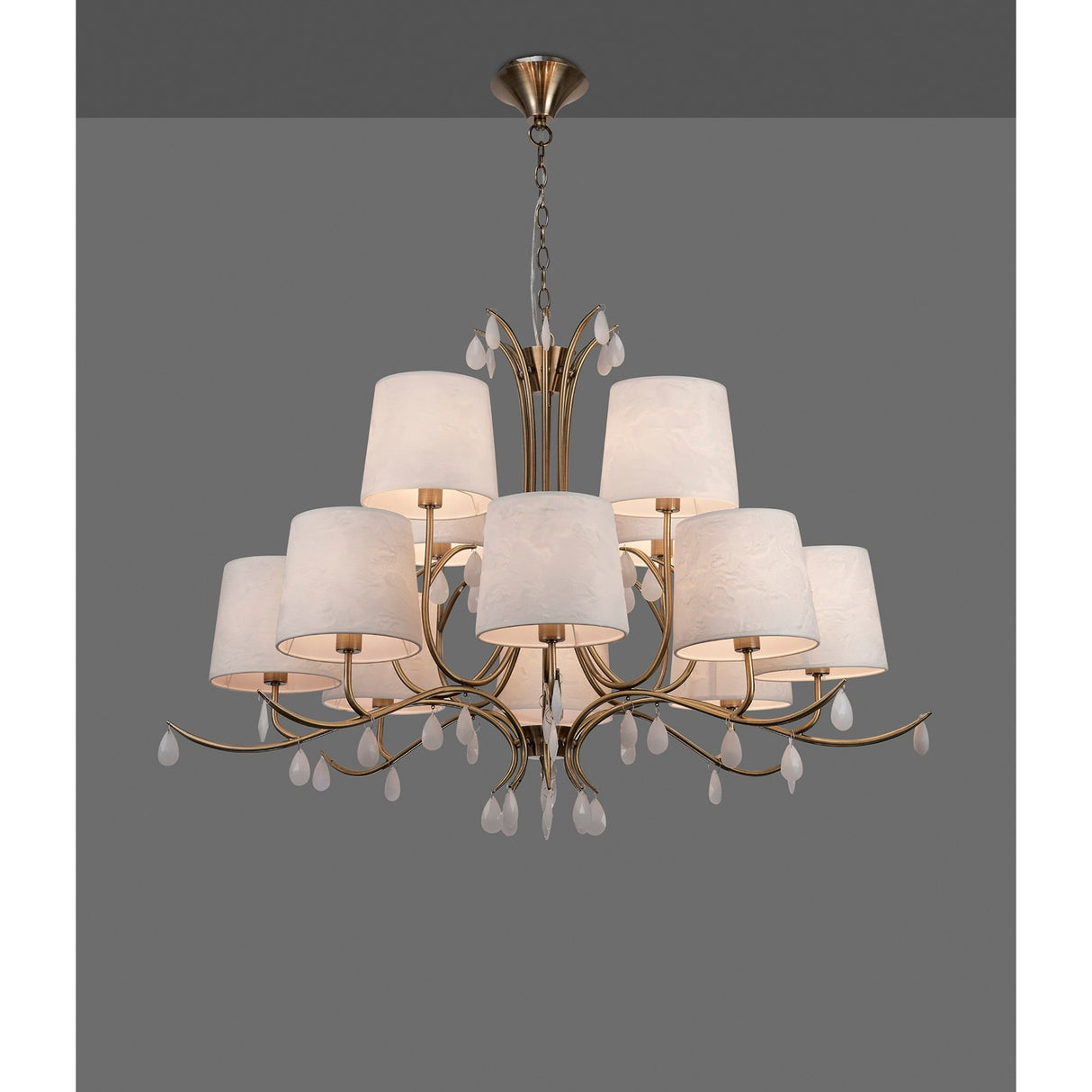 Andrea 100cm 12 Light Chandelier - Antique Brass With White Shades