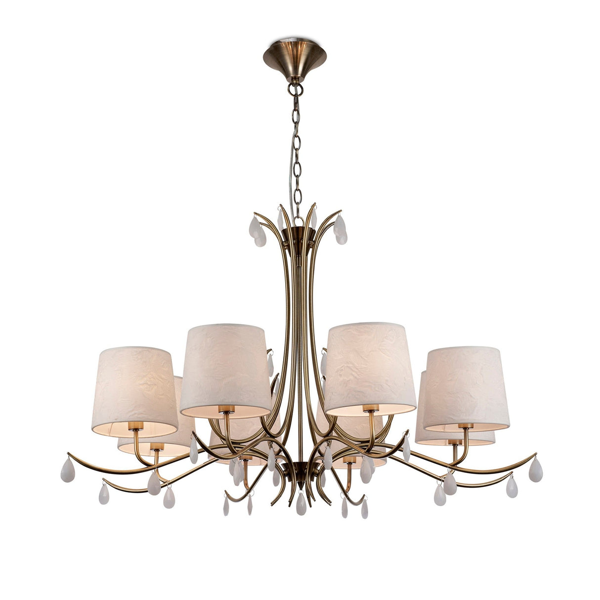 Andrea 100cm 8 Light Chandelier - Antique Brass With White Shades