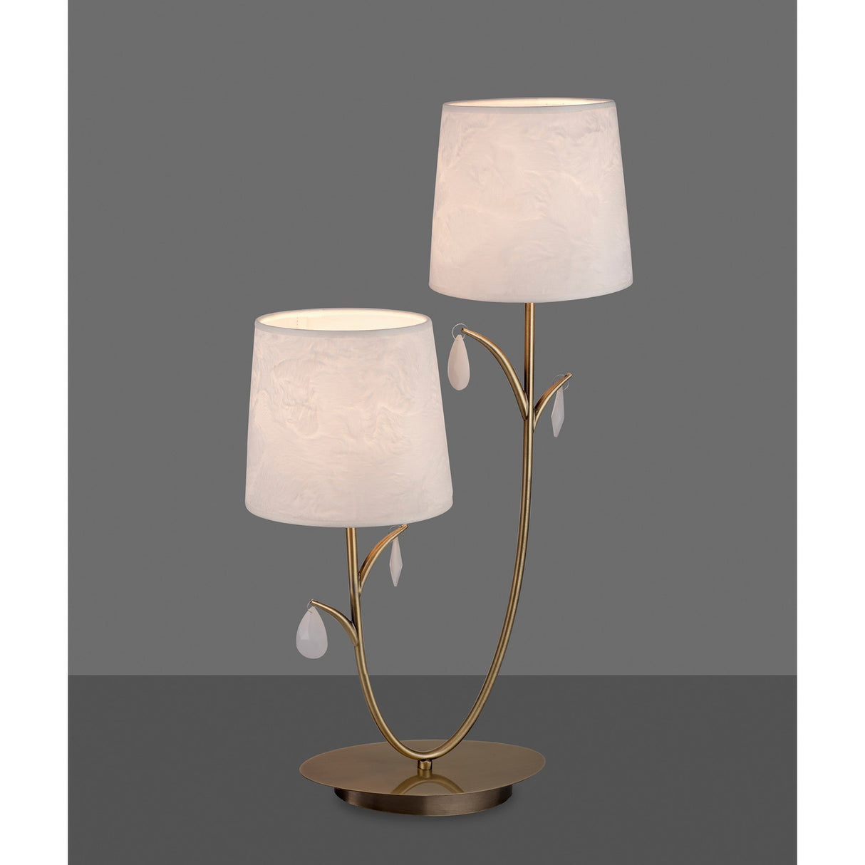 Andrea 2 Light Crystal Droplets Table Lamp - Brass With White Shades