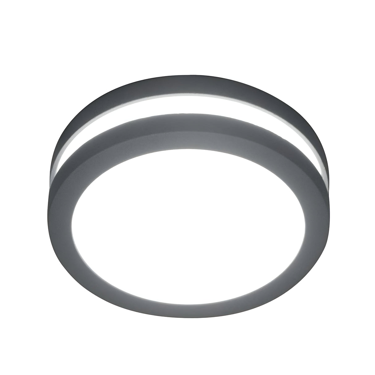 Introducing the Ano-1 Outdoor Wall & Ceiling Light in Graphite: a modern, round LED fixture with a minimalist design. It features a sleek gray frame crafted from durable cast aluminum, ensuring longevity. Its graphite finish provides a bright, even glow, making it an ideal choice for both indoor and outdoor settings while offering efficient and stylish illumination.