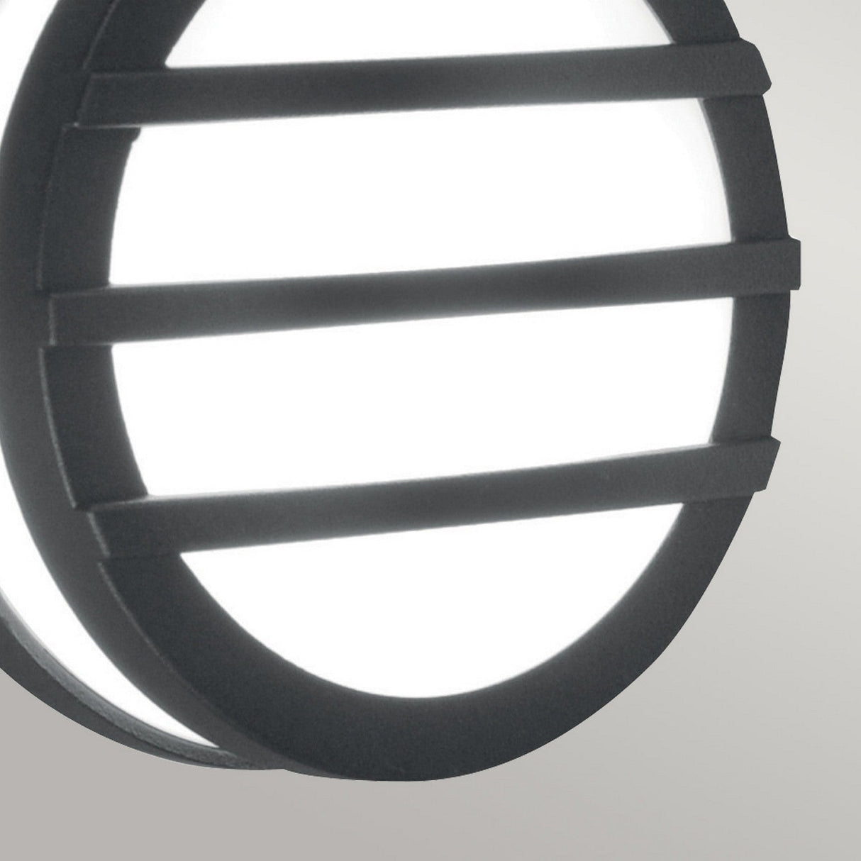 The Ano-2 Outdoor Wall & Ceiling Light - Graphite is a minimalist round fixture with a black grid design. It emits bright, energy-efficient white light and looks striking against a plain, light-colored background.