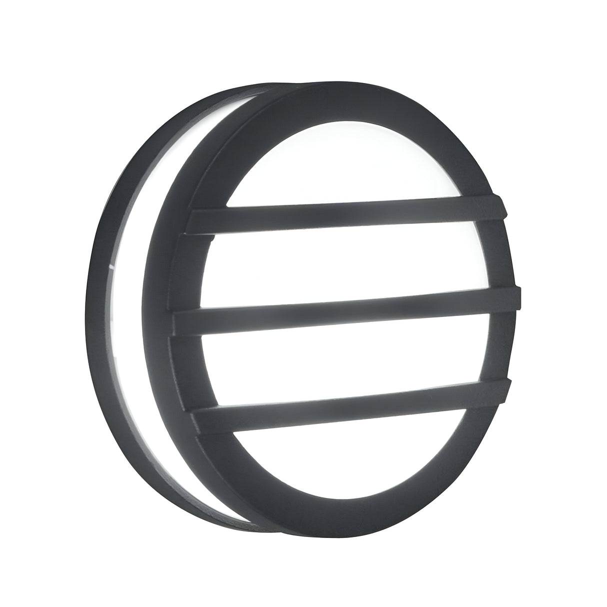 Introducing the Ano-2 Outdoor Wall & Ceiling Light in Graphite: a modern, round fixture with a black exterior and three horizontal bars crossing its illuminated white center. This minimalist design is expertly crafted for outdoor use.