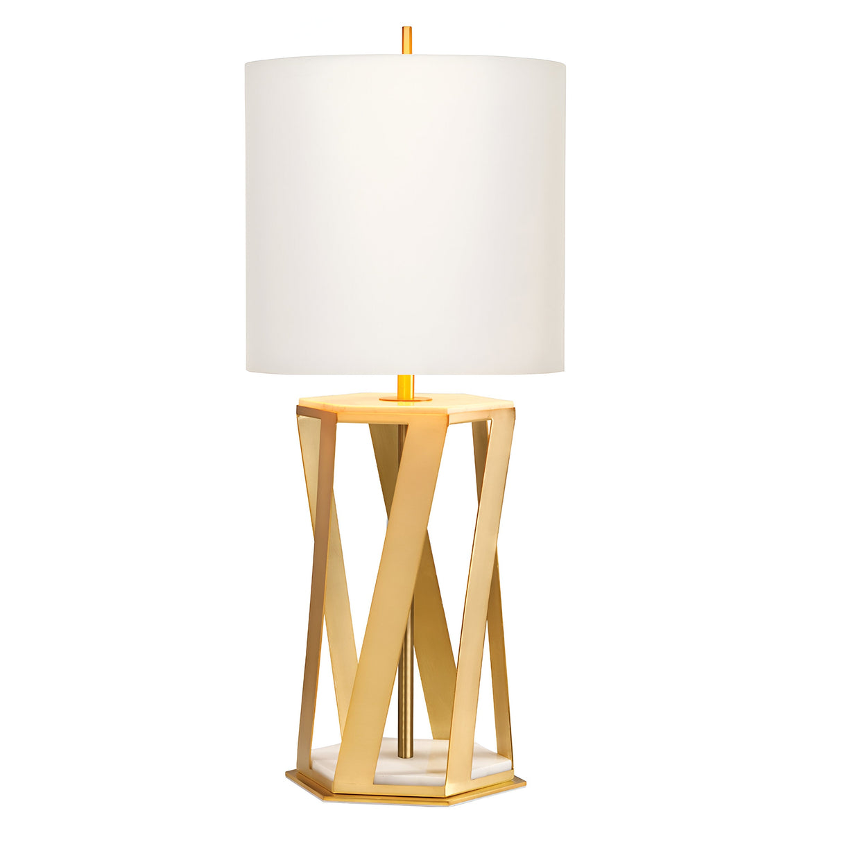 The Apollo Table Lamp With White Shade - Brushed Brass showcases a white cylindrical shade paired with a brushed brass geometric base, featuring interlocking rectangular shapes for a contemporary and stylish appearance.