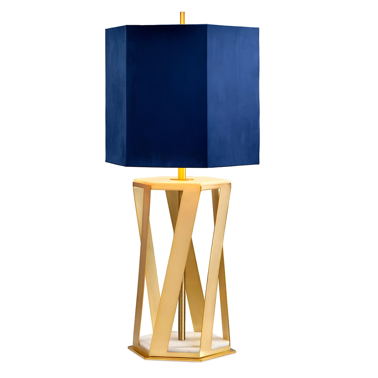 Introducing the Apollo Table Lamp With Blue Shade - Brushed Brass, a modern masterpiece featuring a geometric design. It showcases a blue rectangular shade paired with a twisted brushed brass base on a hexagonal marble platform, elegantly combining luxury with contemporary style.