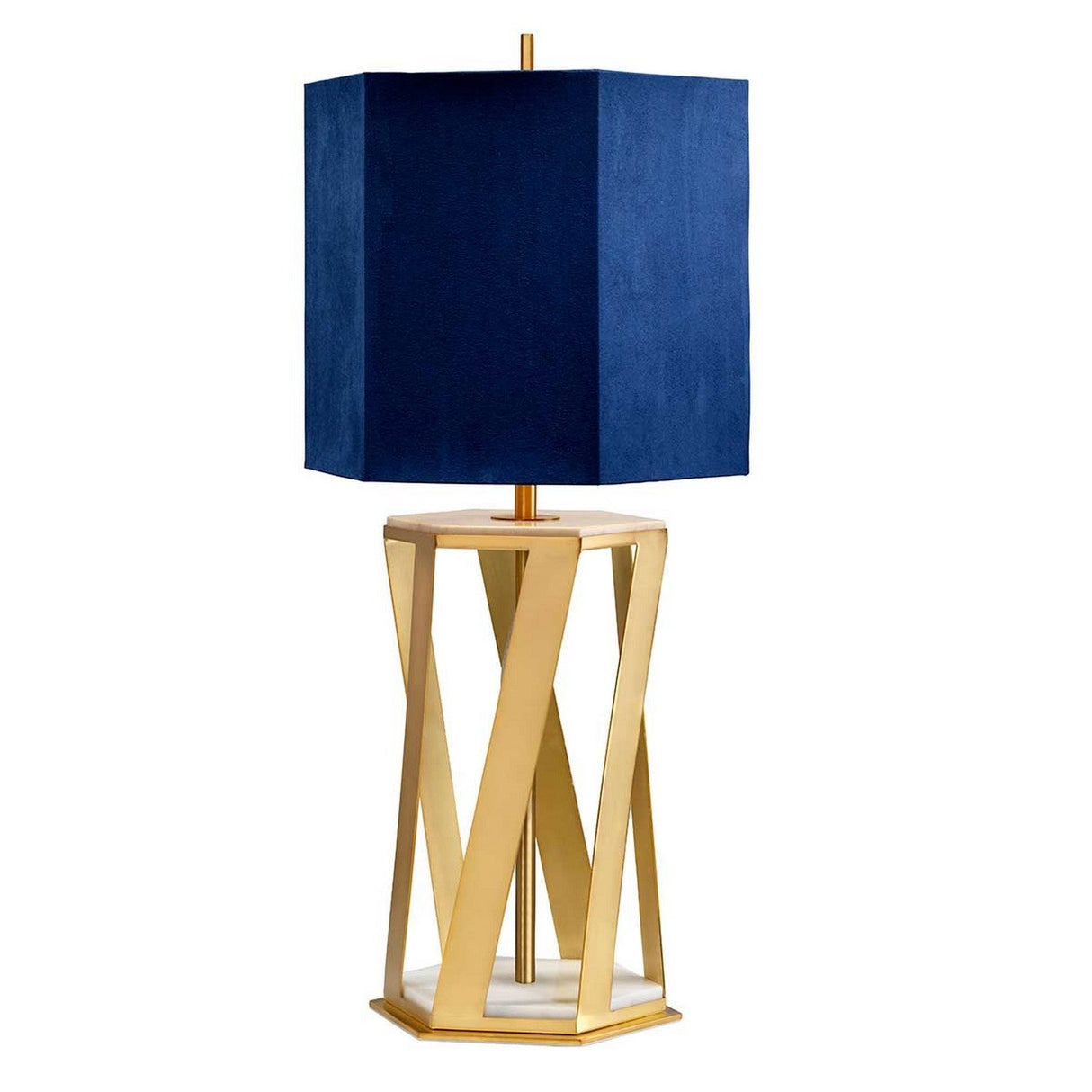 The Apollo Table Lamp With Blue Shade - Brushed Brass features a geometric design with a blue rectangular shade and a twisted brushed brass base. It sits upon a flat white and gold surface, perfectly merging contemporary shapes with elegant colors.
