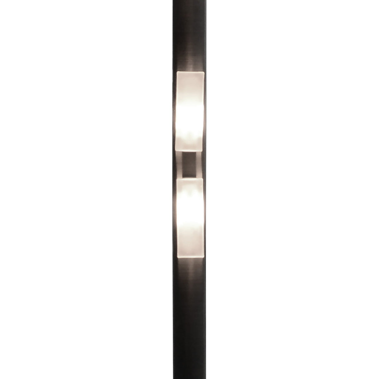 The Arco 4 Light Floor Lamp in Satin Nickel features four rectangular frosted glass shades and a sleek metallic finish, providing modern ambient lighting with soft illumination ideal for contemporary spaces.