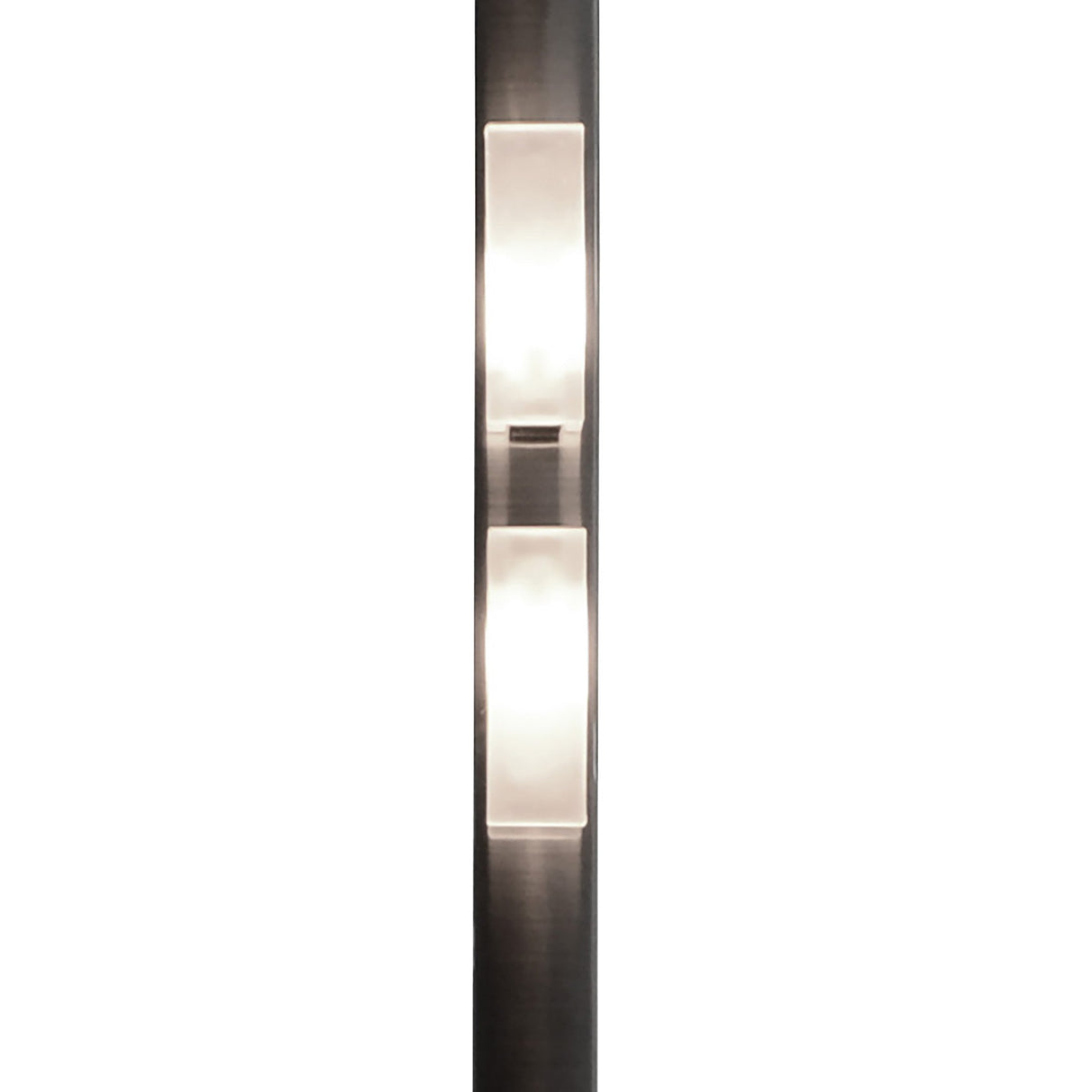 The Arco 4 Light Floor Lamp in satin nickel features a modern design with rectangular frosted glass shades that emit soft light, all supported by a slim frame for contemporary ambient lighting.