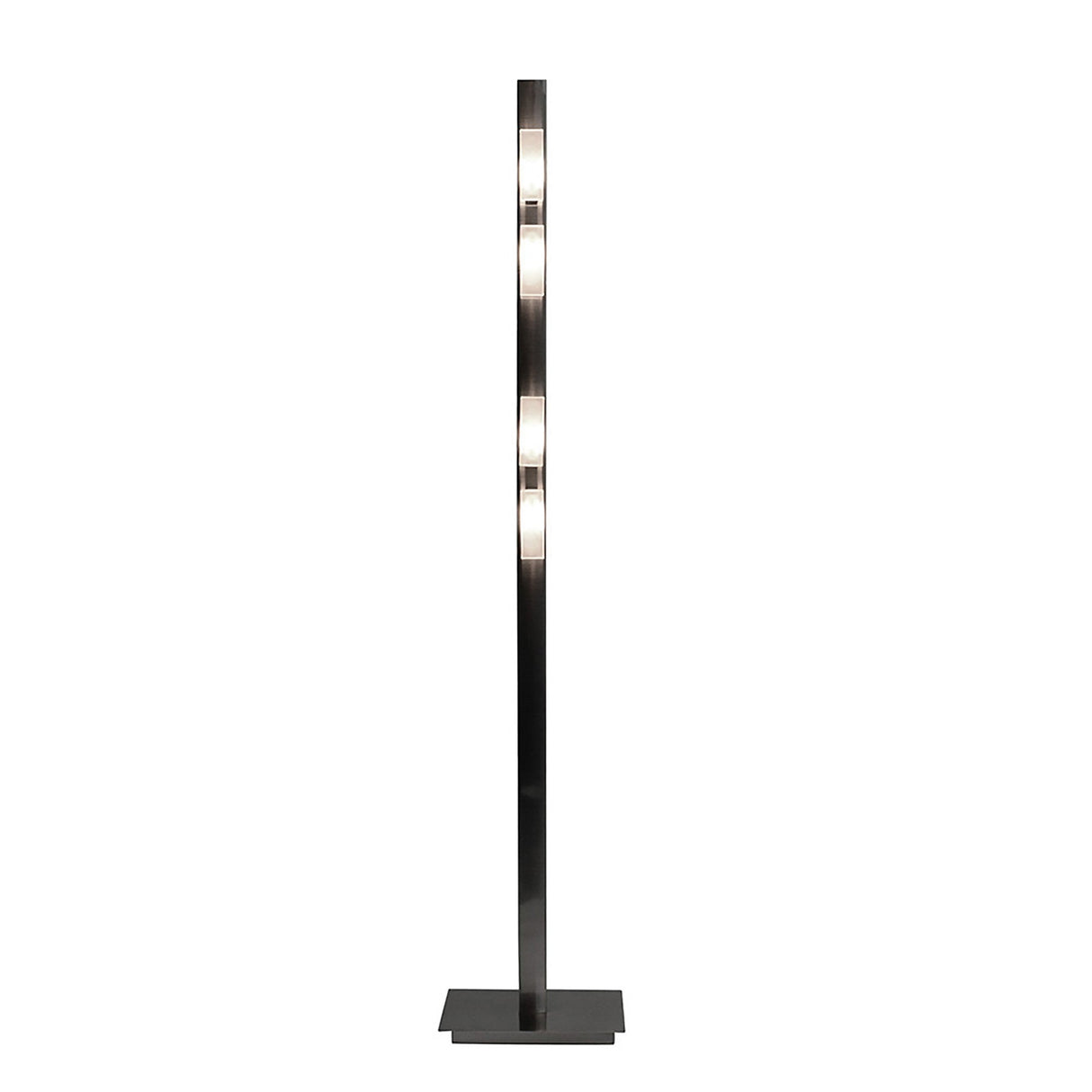 The Arco 4 Light Floor Lamp in satin nickel features a sleek, modern design with a rectangular base and vertical frame, showcasing four evenly spaced illuminated sections for ideal contemporary ambient lighting.