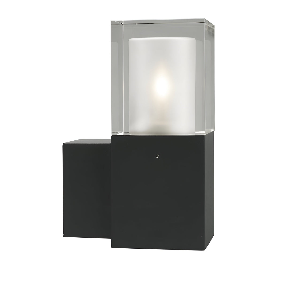 The Arendal Outdoor 1 Light Wall Light - Black boasts a sleek, modern design with a rectangular black finish. It features a frosted glass cover that emits soft, diffused light. The minimalist aesthetic is complemented by an opaque base adjacent to the glass enclosure, offering both style and durability with its IP65 rating.