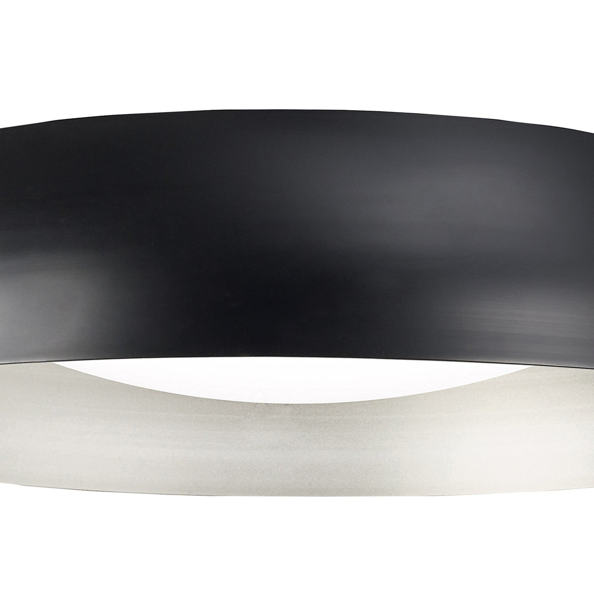 Close-up of the Mantra Argenta LED flush ceiling light showing the matt black domed metal shade, silver inner reflector, and recessed white diffuser.