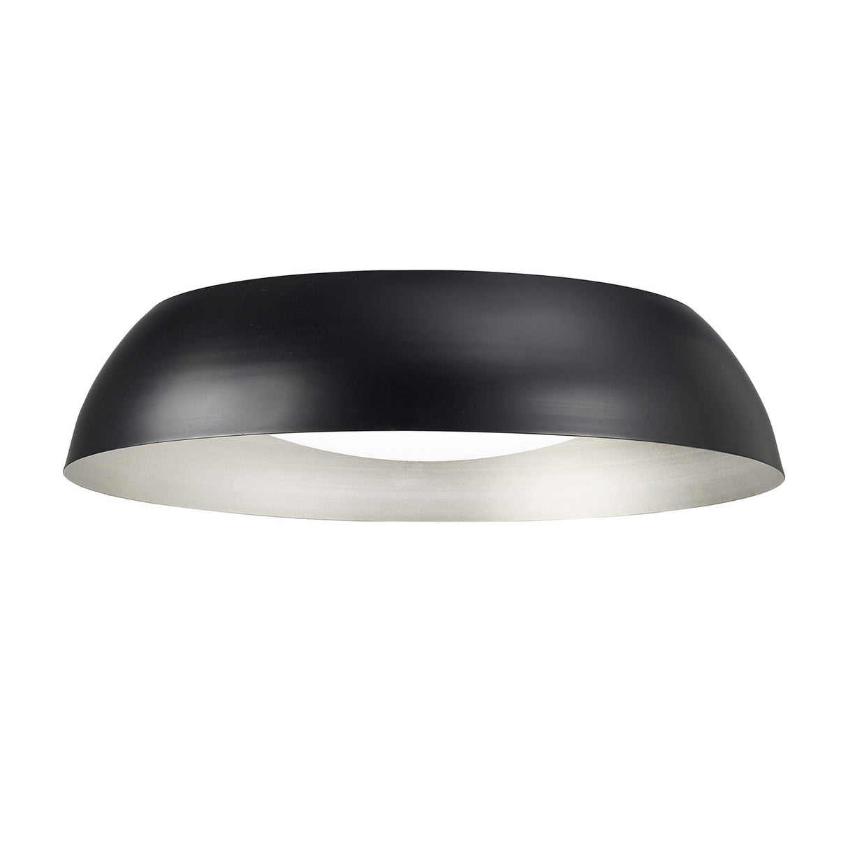 Mantra Argenta matt black flush ceiling light with low-profile dome shade, silver inner reflector and recessed white LED diffuser on a white background.