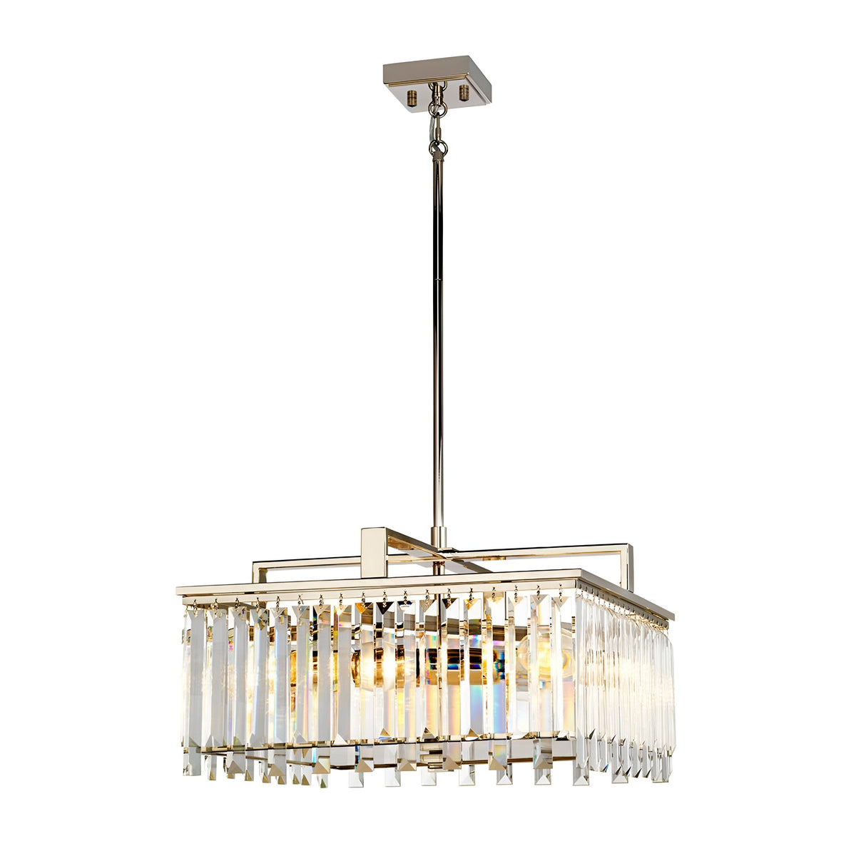The Aries 4 Light Large Chandelier in polished nickel is a contemporary rectangular fixture featuring multiple vertical cut glass crystals that surround the light, suspended from the ceiling by a metal rod.