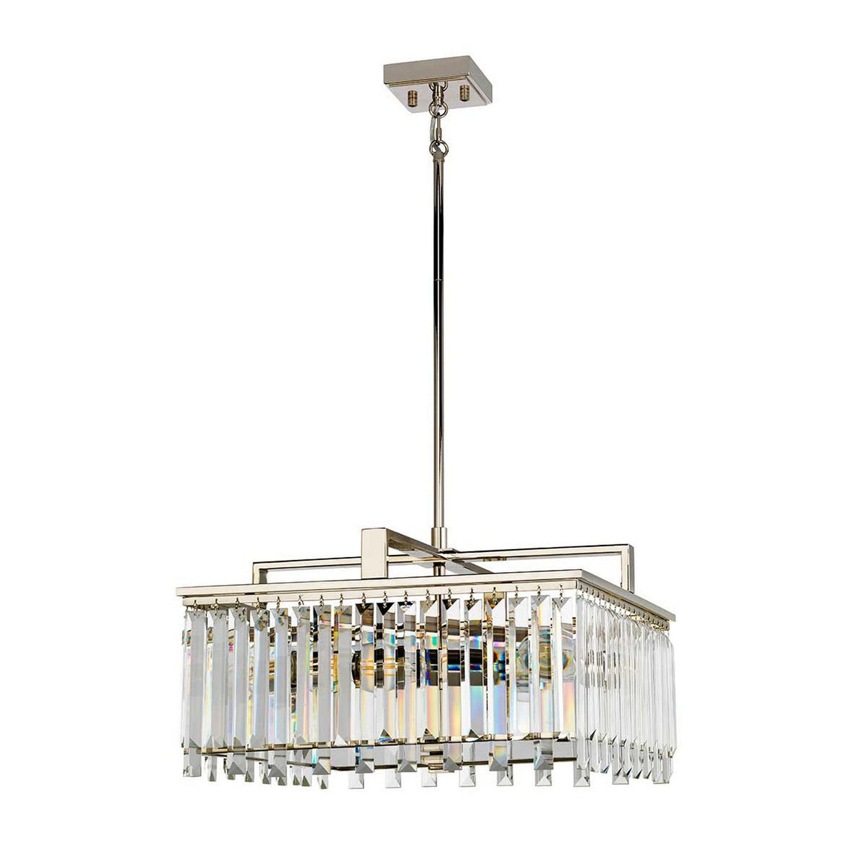 The Aries 4 Light Large Chandelier in polished nickel features a contemporary rectangular design with an array of hanging cut glass crystals, elegantly attached to a square ceiling mount by a smooth, straight rod. These crystals reflect light exquisitely, enhancing the chandelier's sophisticated charm.