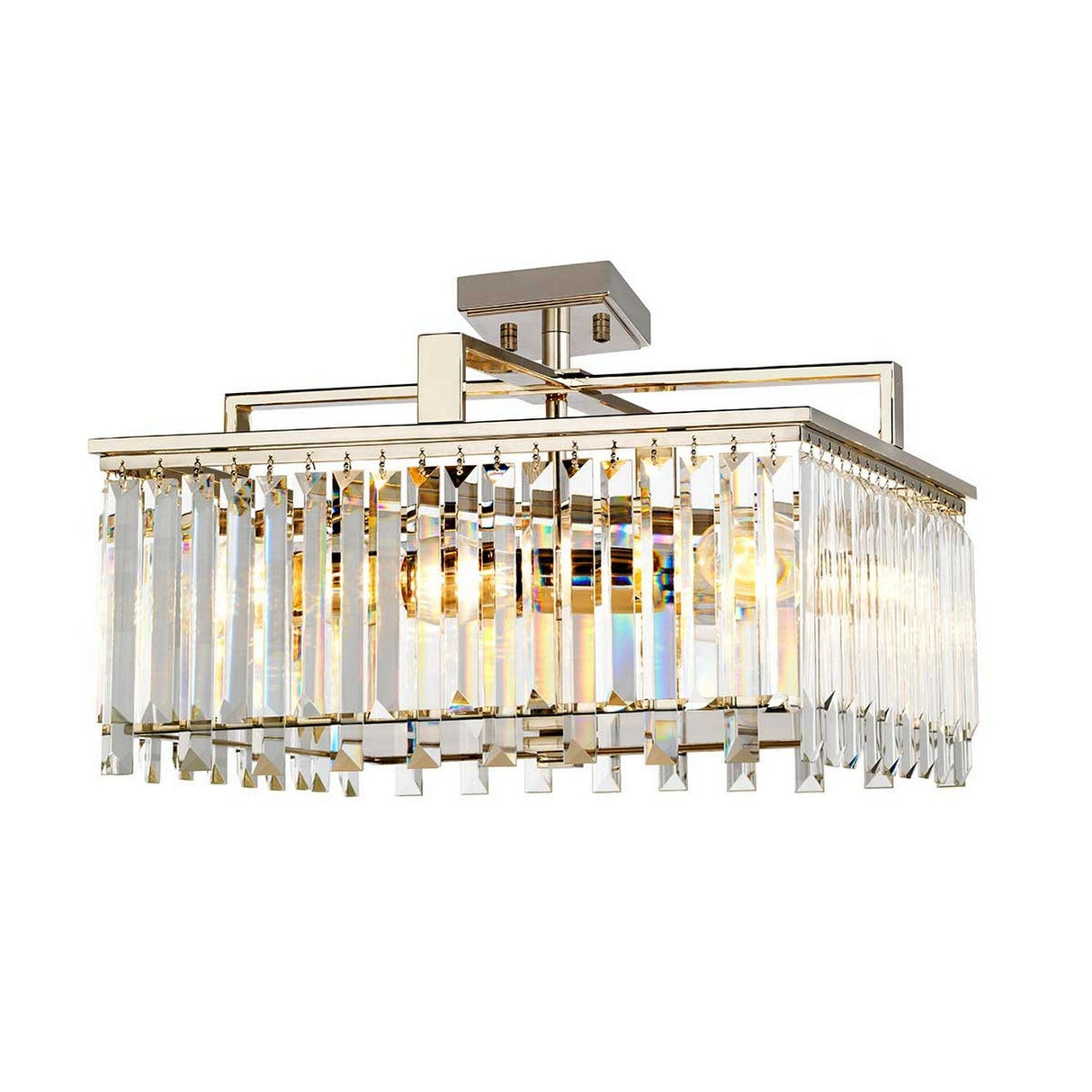 The Aries 4 Light Large Chandelier in polished nickel features a modern square design with a metallic frame adorned with cut glass crystals along the edges. These crystals refract light to create a shimmering effect and the fixture is securely mounted on a square ceiling base.