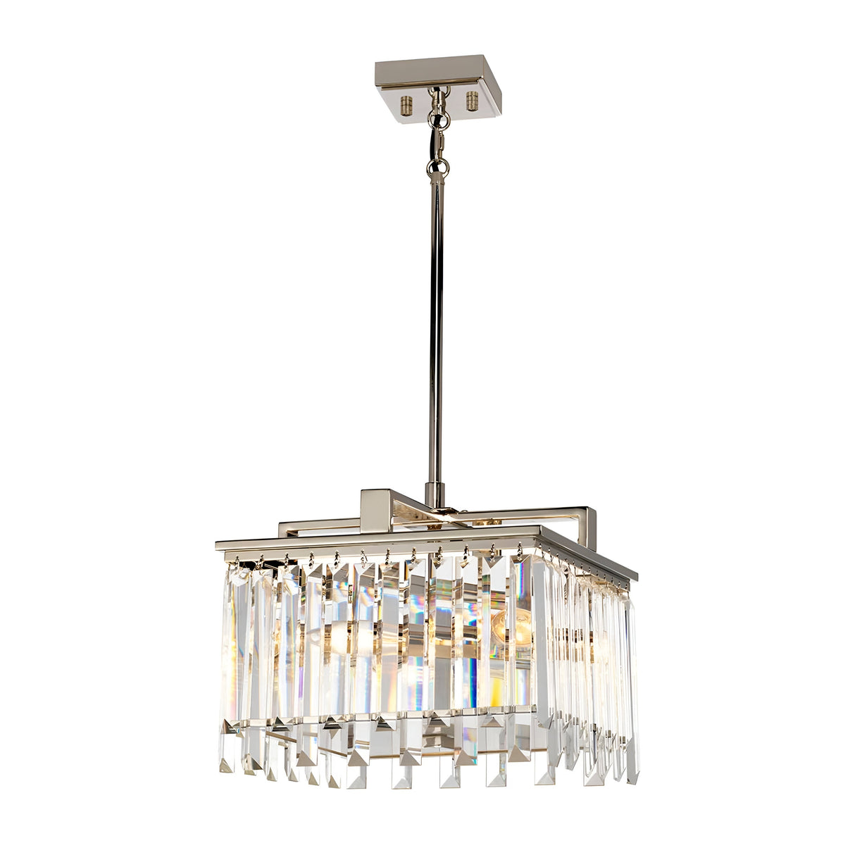 The Aries 4 Light Small Chandelier in polished nickel features a modern design with a rectangular metal frame adorned with high-quality crystal prisms. It hangs gracefully from a square mount via a sleek metal rod, showcasing an elegant and reflective finish.