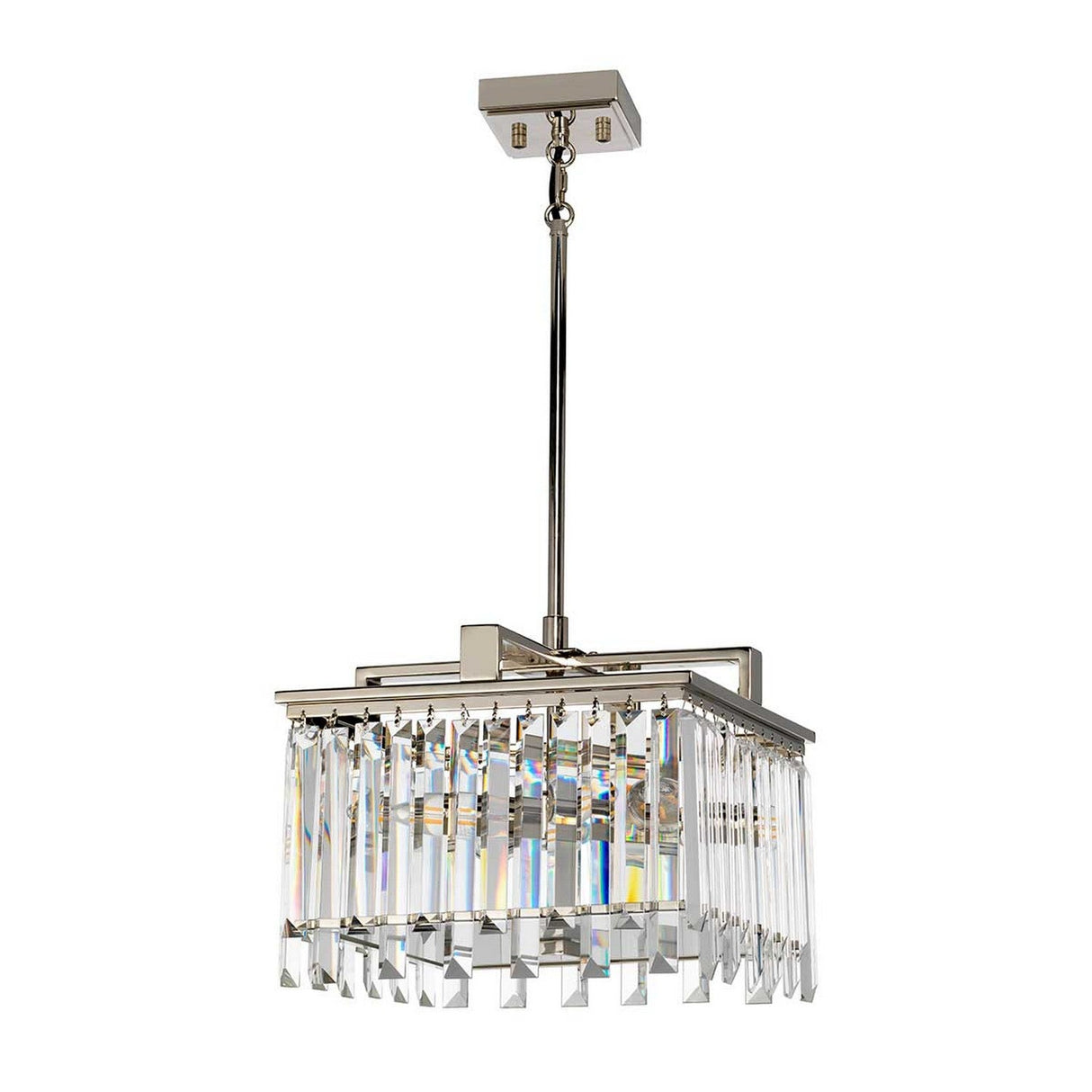 The Aries 4 Light Small Chandelier in polished nickel showcases a square metal frame adorned with high-quality crystals arranged in rows for a layered effect, all suspended by a sleek metal rod.