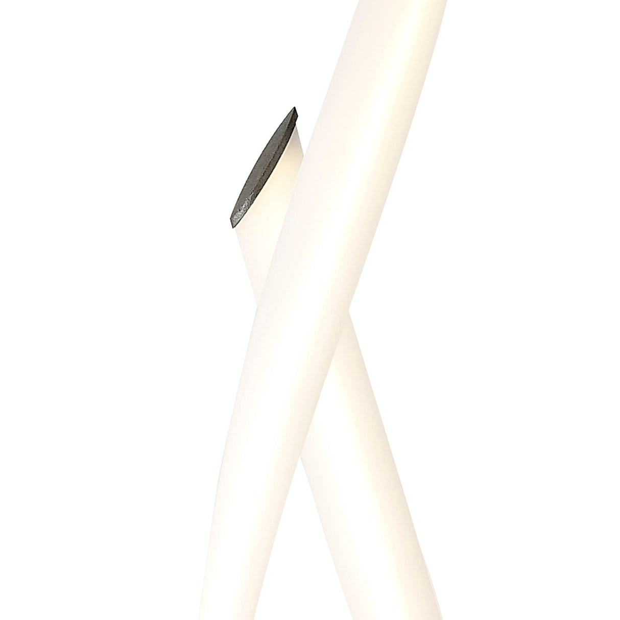 The Armonia LED Floor Lamp 30W 3000K in Silver & White features two intersecting white cylindrical tubes crossed in an X shape, with a visible black cap, set against a plain white background.