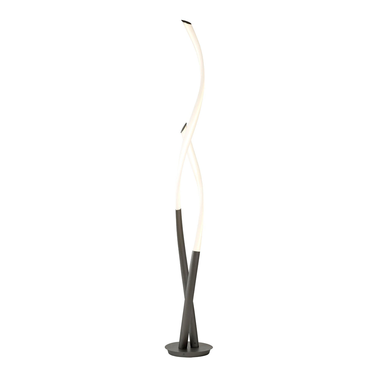 The Armonia LED Floor Lamp 30W 3000K in Silver & White features two slender, twisting light bars rising from a round base, creating an elegant intertwined design with soft, dimmable white light.