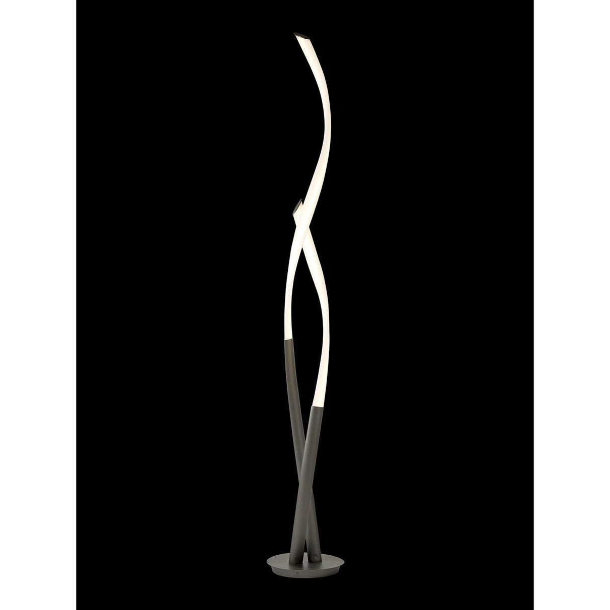 The Armonia LED Floor Lamp 30W 3000K in Silver & White features two curved, intertwining light strips on a round base, offering a sleek modern design that brings a striking contemporary touch to any room.