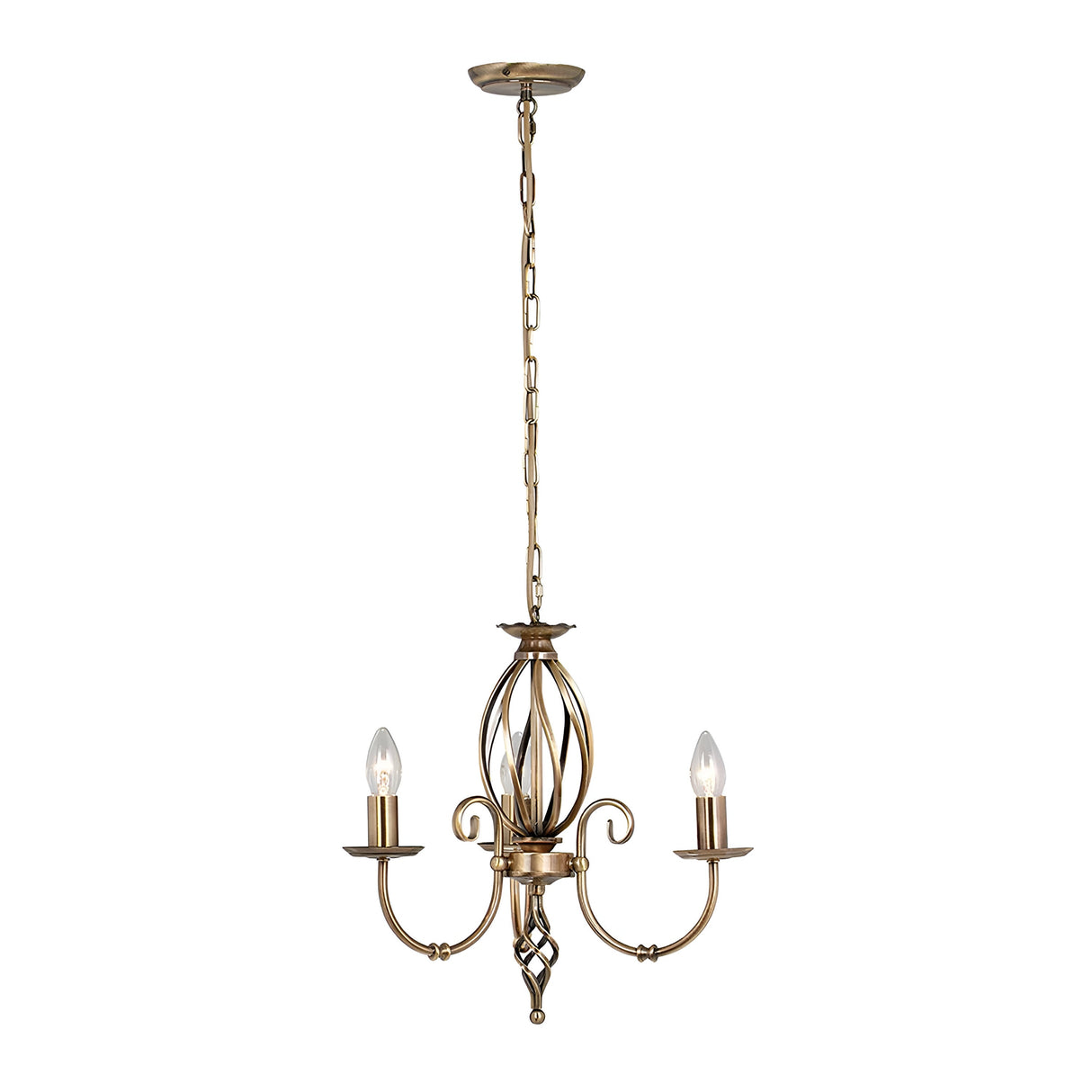 The Artisan 3 Light Chandelier - Aged Brass boasts a vintage style with candle-shaped bulbs and elegant curved arms, all suspended from a chain.