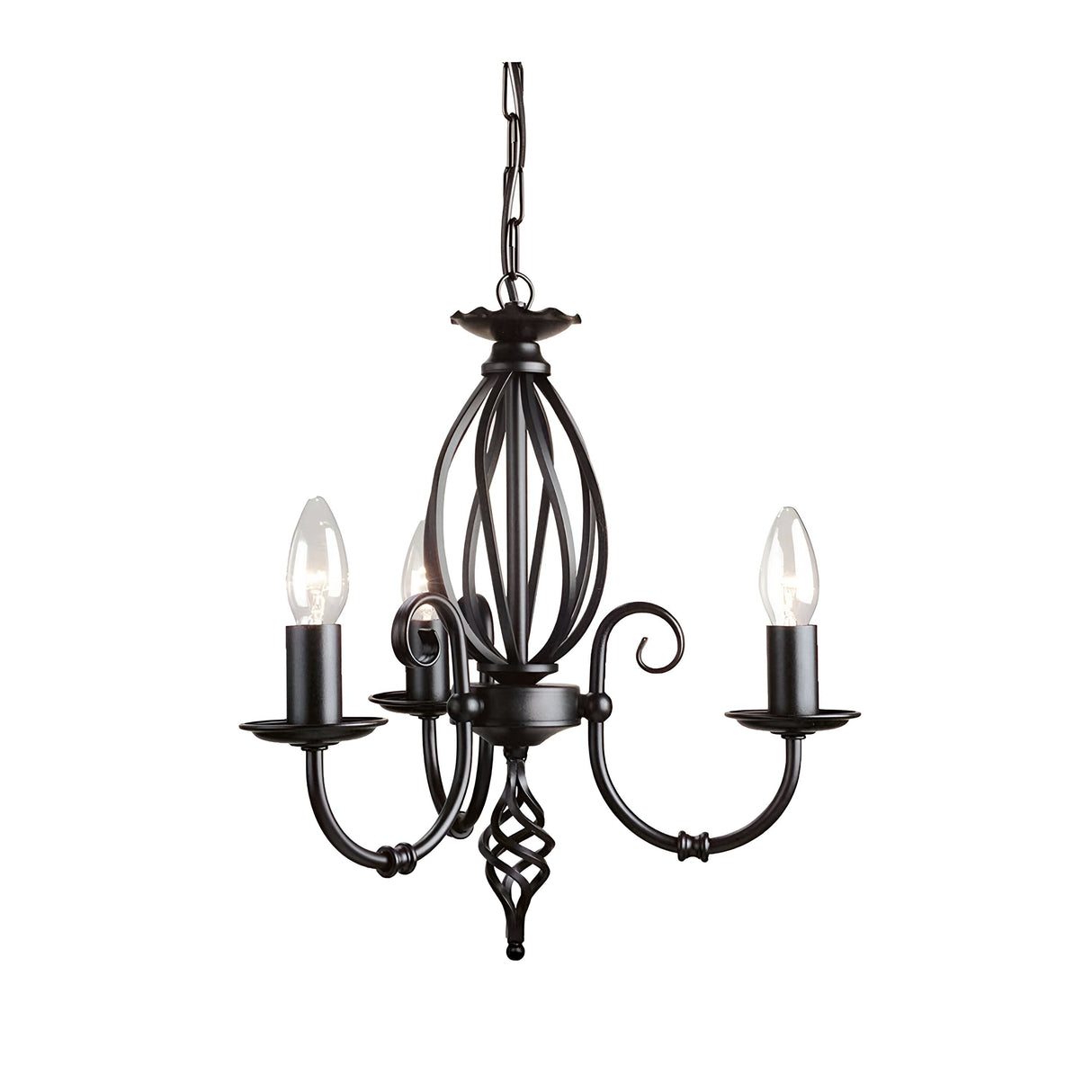 Introducing the Artisan 3 Light Chandelier - Black: a breathtaking piece crafted from wrought iron in striking black, featuring three candle-shaped bulbs and exquisite scrollwork. Hung elegantly from a chain, it casts ambient lighting against a simple white backdrop, seamlessly enhancing any space with its sophisticated charm.