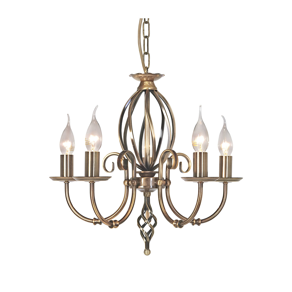 The Artisan 5 Light Chandelier in aged brass serves as a decorative focal point with its five candle-shaped light bulbs. It features an intricate design with gracefully curved arms and a central cage structure, all suspended by a matching chain. The flame-like bulbs add an elegant touch to this stunning piece.