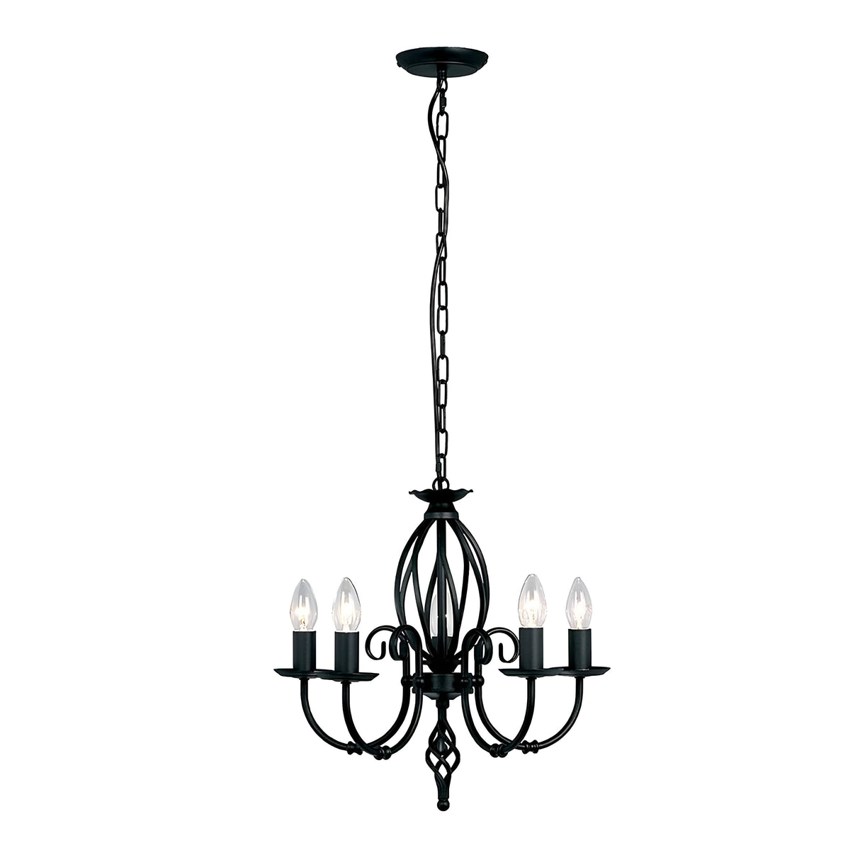 The Artisan 5 Light Chandelier - Black is a stunning black metal creation adorned with hand-formed scrolls and a decorative chain, showcasing five candle-style bulbs arranged in a circular pattern. Its sophisticated, timeless design effortlessly elevates the decor of any dining or living room.