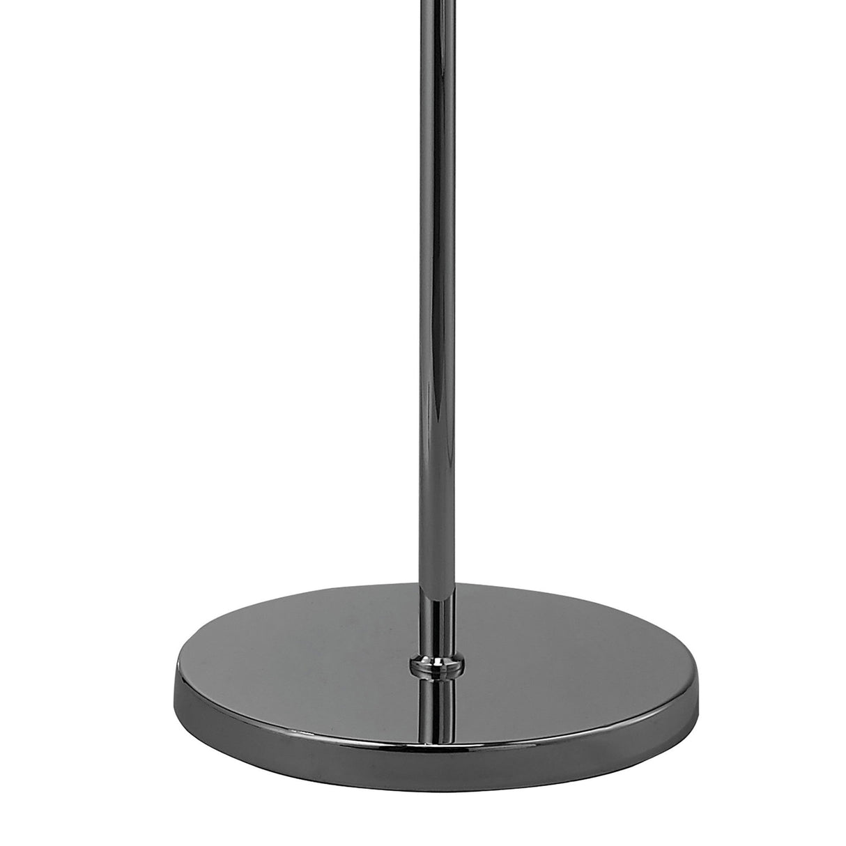 A close-up of the Artic 1 Light Floor Lamp’s round base, featuring a polished chrome finish with a vertical pole at its center.
