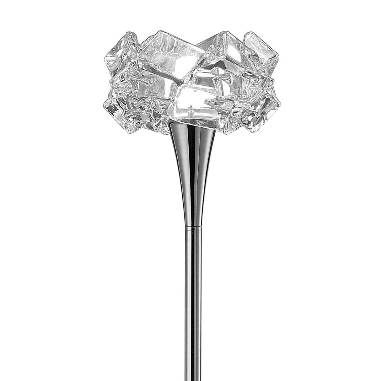 The Artic 1 Light Floor Lamp features a polished chrome finish and a clear geometric glass cube shade at the top, reminiscent of clustered ice cubes for a modern touch.