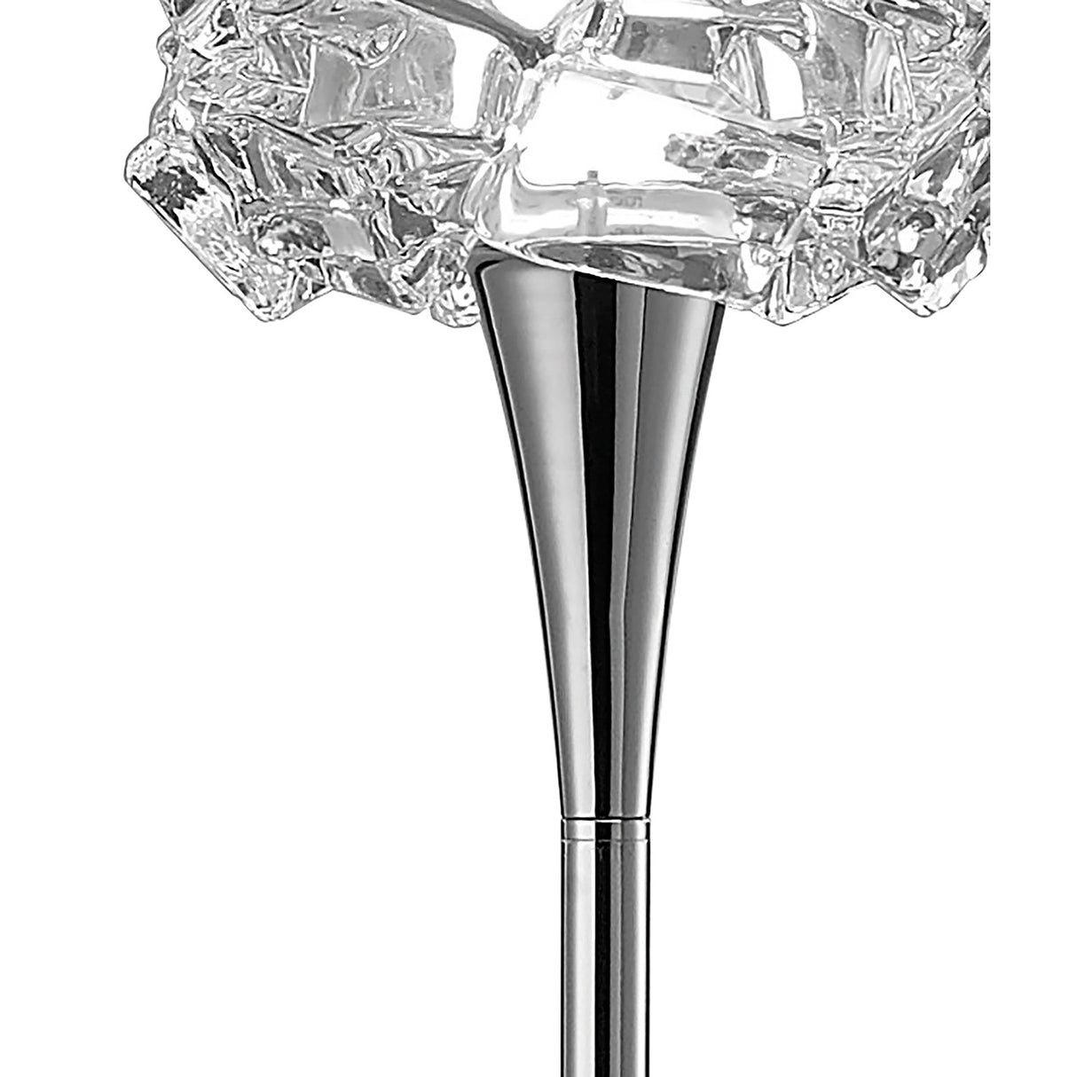 A close-up of the Artic 1 Light Floor Lamp showcases its polished chrome finish and textured clear glass cube shade that resembles ice crystals.