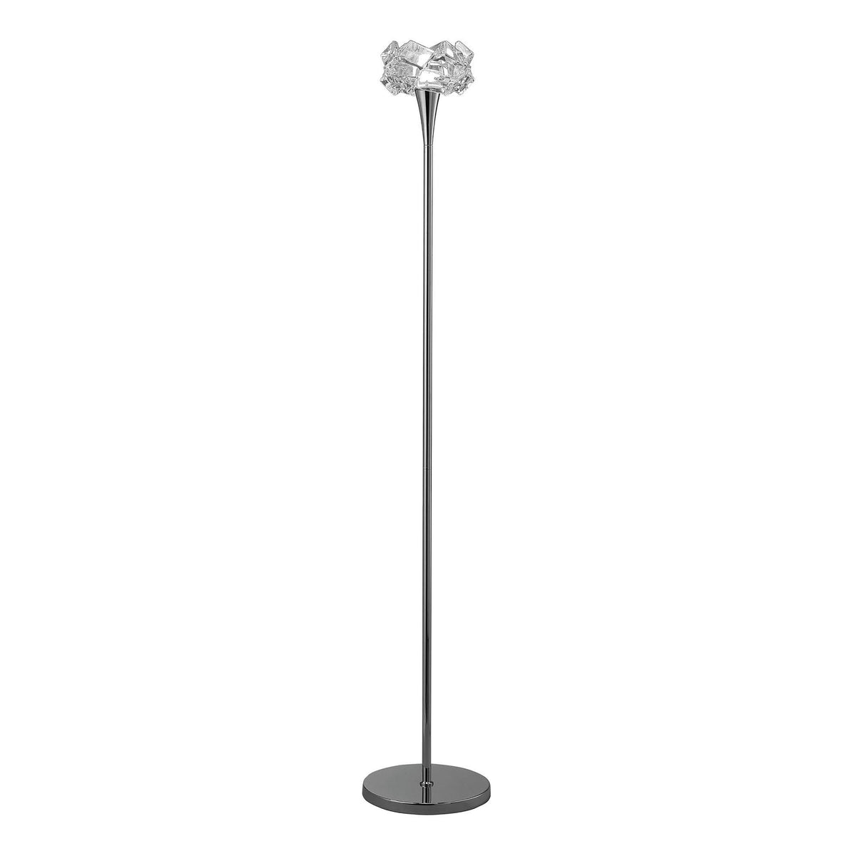 The Artic 1 Light Floor Lamp features a slim metallic stand, polished chrome finish, circular base, and an elegantly sculpted glass cube shade on top.