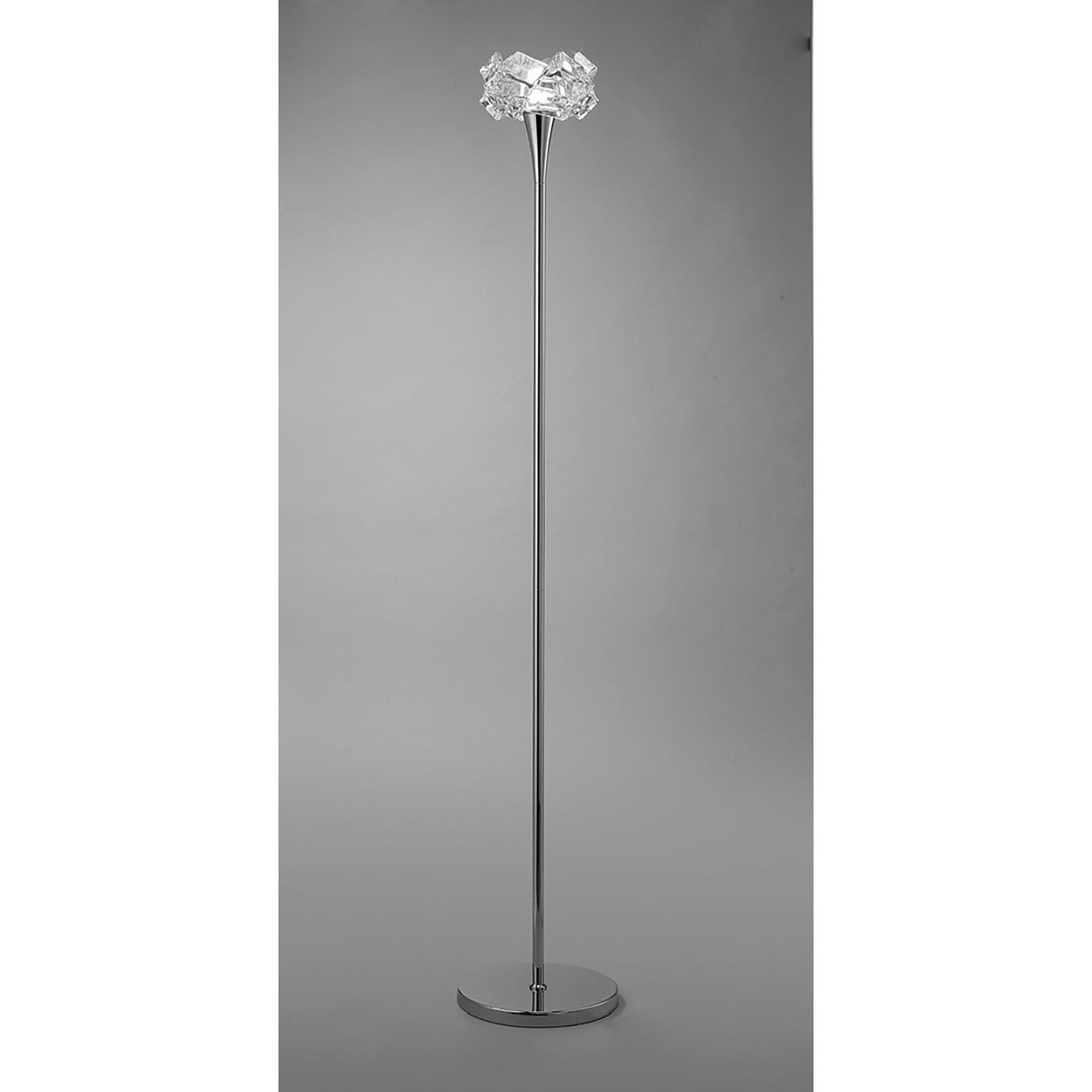 The Artic 1 Light Floor Lamp features a polished chrome finish, sleek base, and a decorative textured glass lampshade at the top.