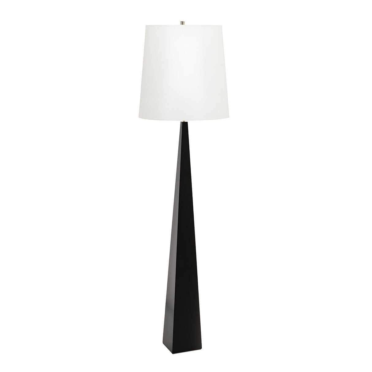 Introducing the Ascent Floor Lamp With White Shade - Black, a decorative piece that boasts a tall, triangular black base and a white conical lampshade. Its sleek design epitomizes modern functionality, making it an elegant addition to any contemporary interior decor.